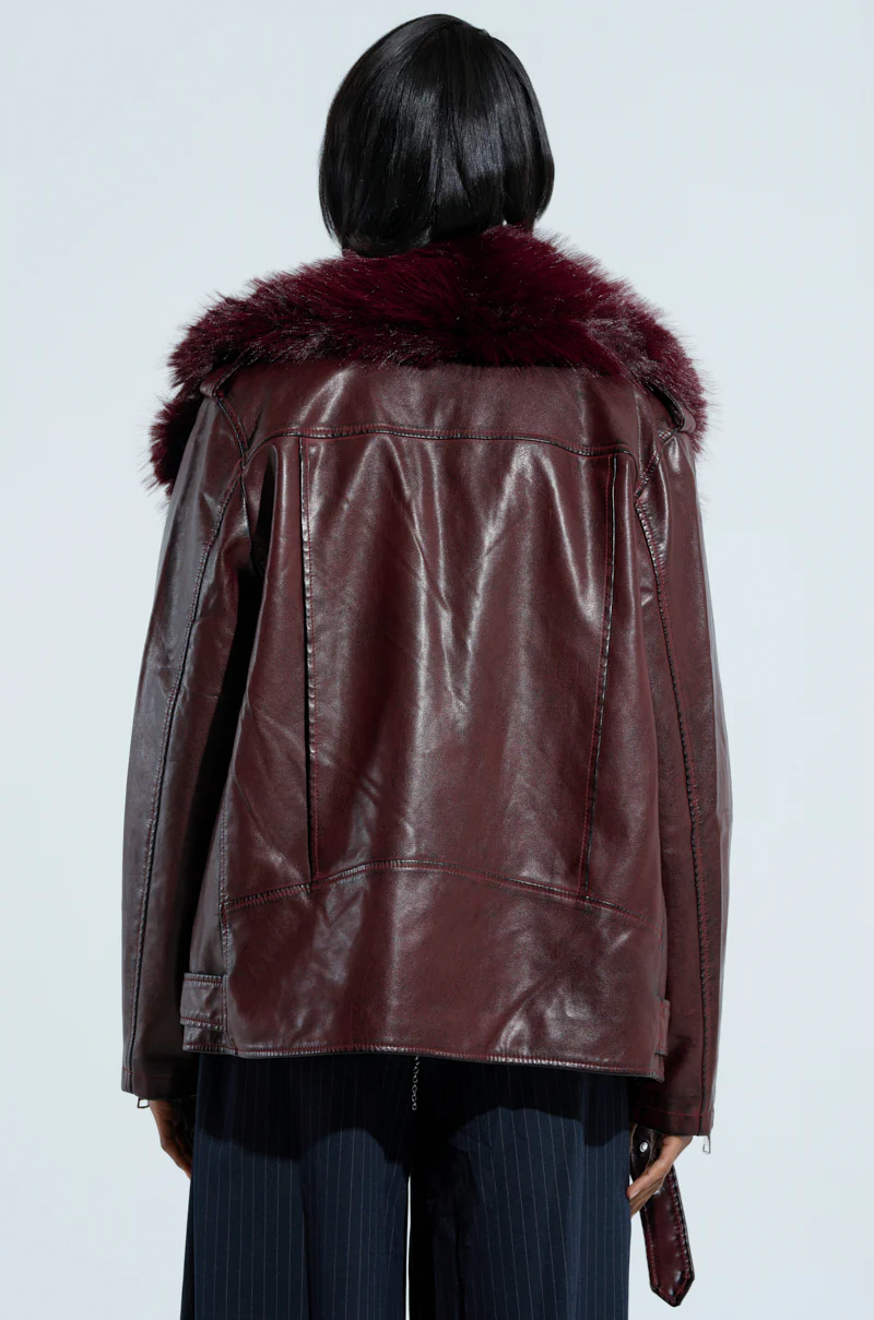ON THE GO FUR TRIM MOTO IN BURGUNDY - Image 7