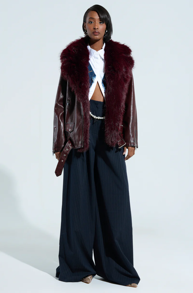ON THE GO FUR TRIM MOTO IN BURGUNDY - Image 8