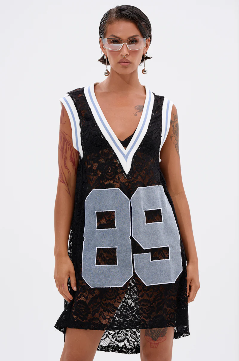ON THE SIDELINES LACE JERSEY MINI DRESS WITH DENIM - Image 3