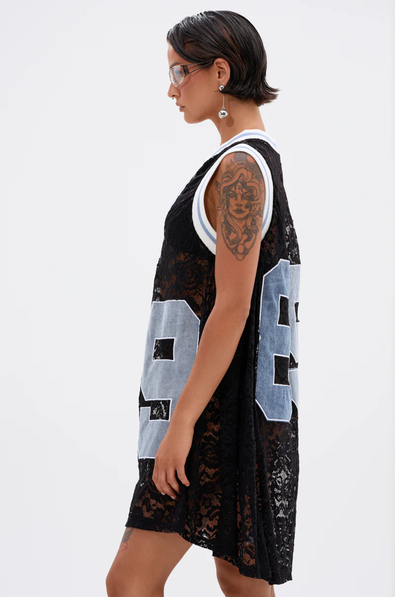ON THE SIDELINES LACE JERSEY MINI DRESS WITH DENIM - Image 4