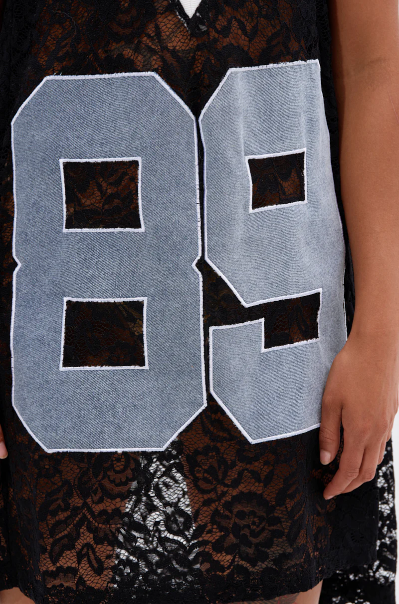 ON THE SIDELINES LACE JERSEY MINI DRESS WITH DENIM - Image 9