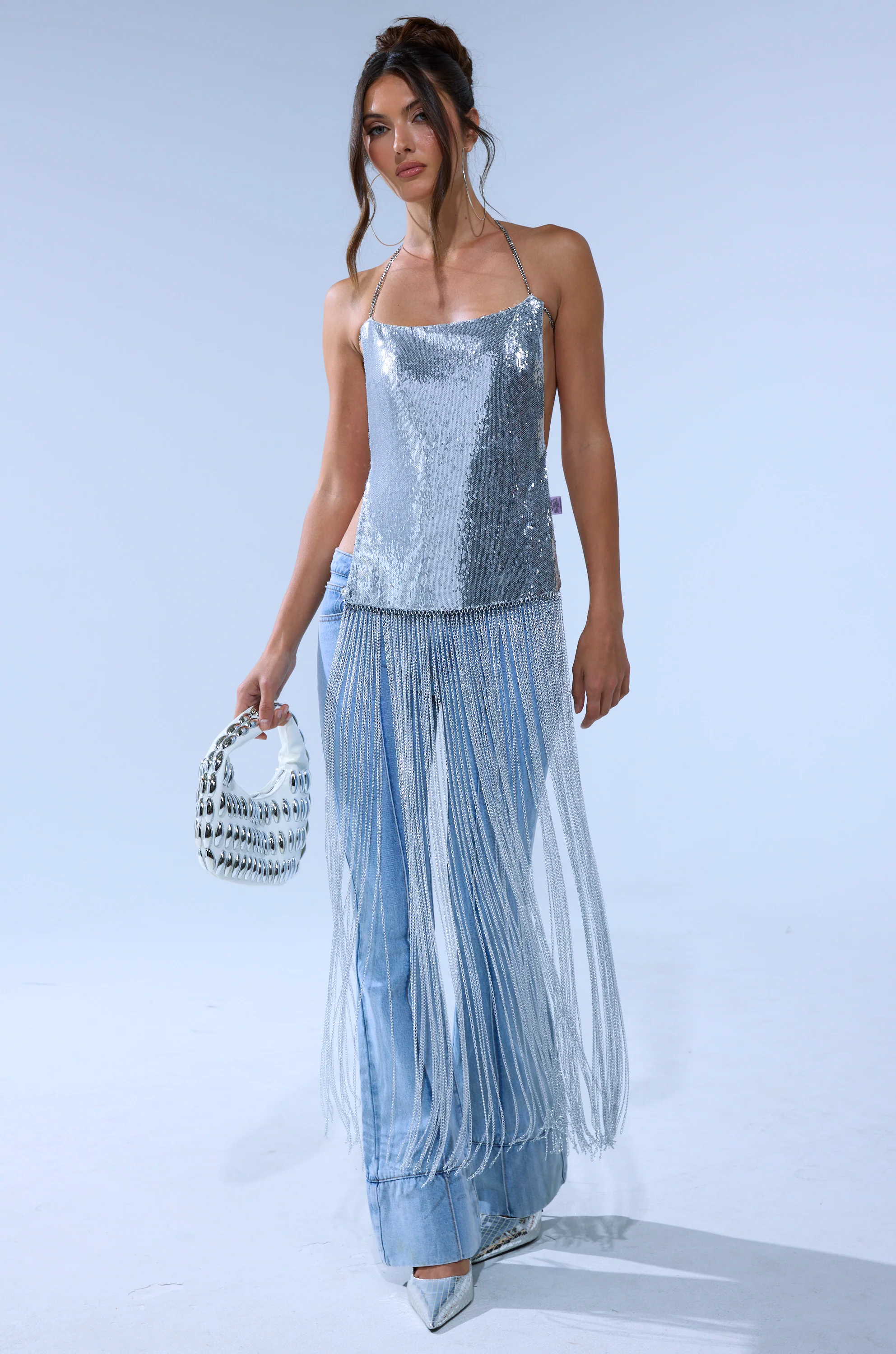 ONLY THINK ABOUT YOU SILVER RHINESTONE FRINGE TOP - Image 2