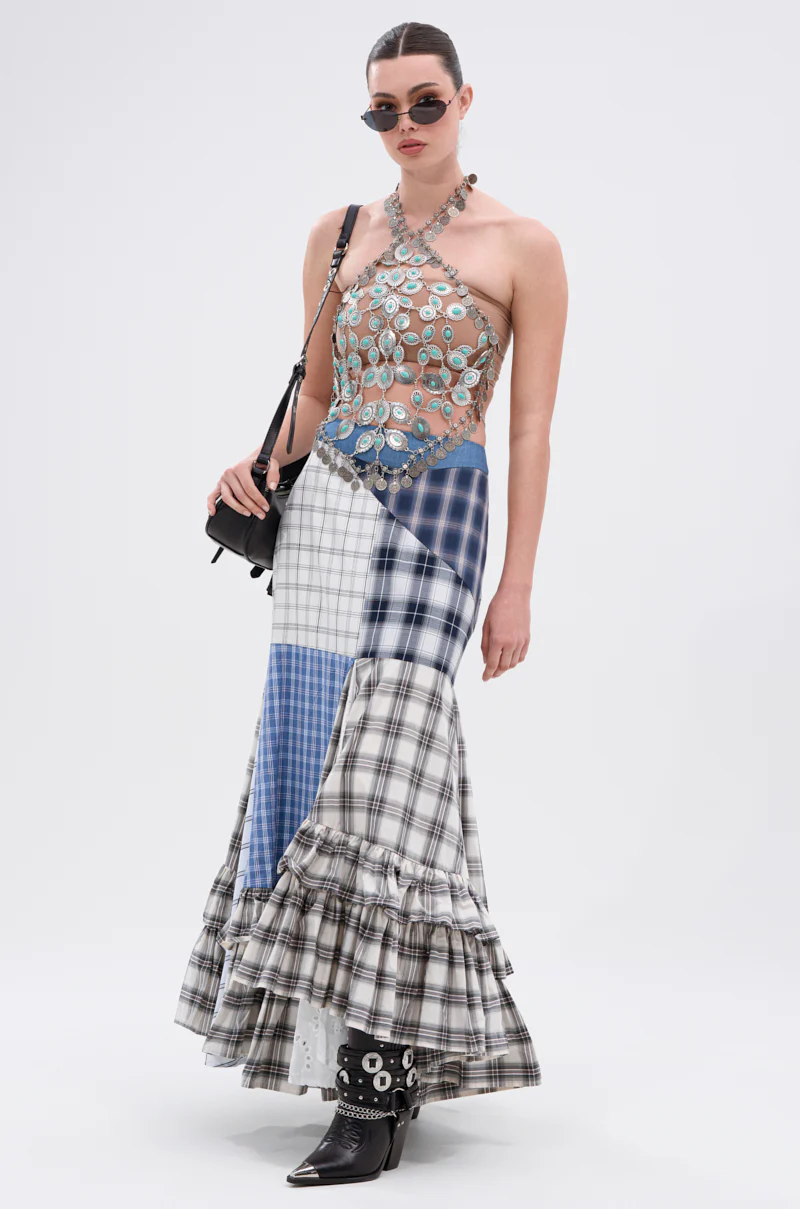 OUT OF ALIGNMENT PLAID MIDI SKIRT - Image 2