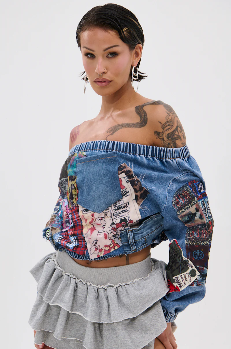 PATCHWORK DENIM OFF THE SHOULDER TOP - Image 3