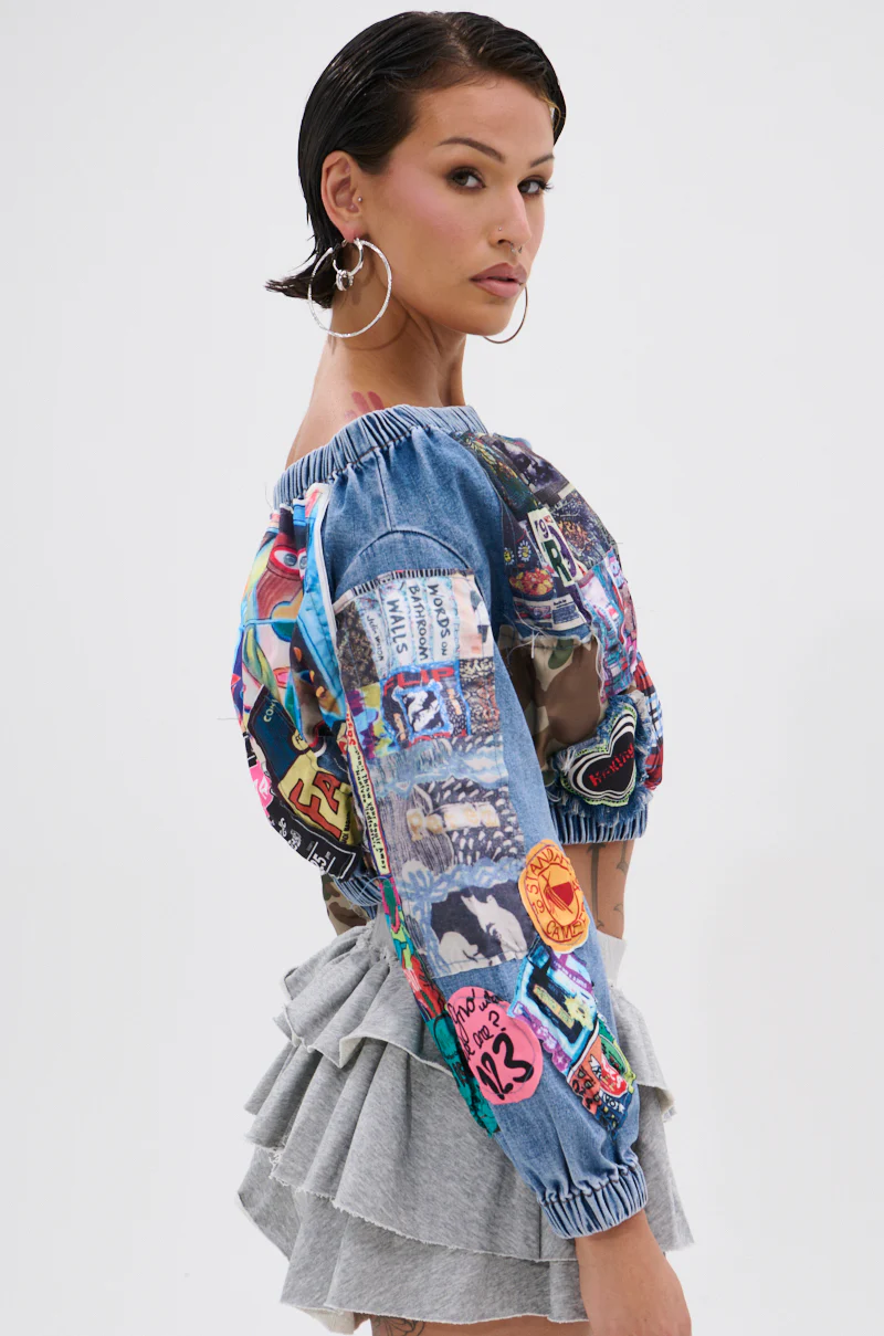PATCHWORK DENIM OFF THE SHOULDER TOP - Image 4