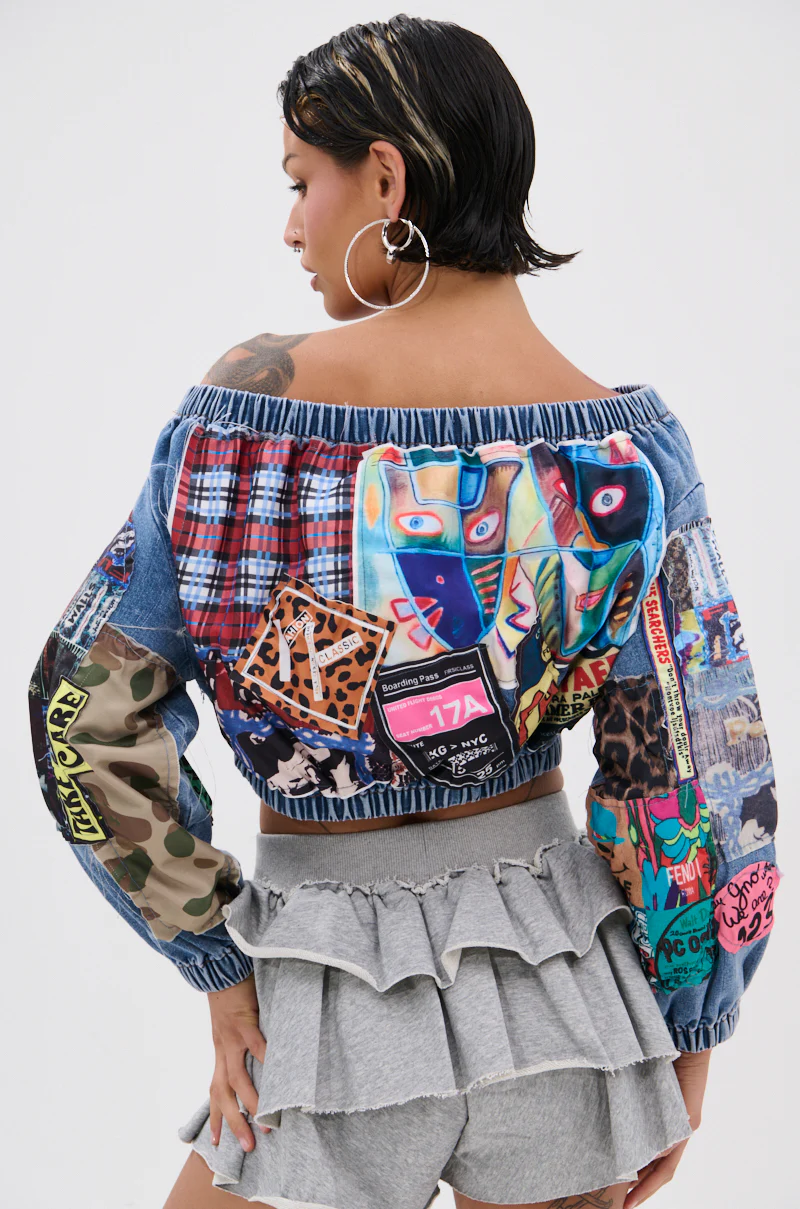 PATCHWORK DENIM OFF THE SHOULDER TOP - Image 5