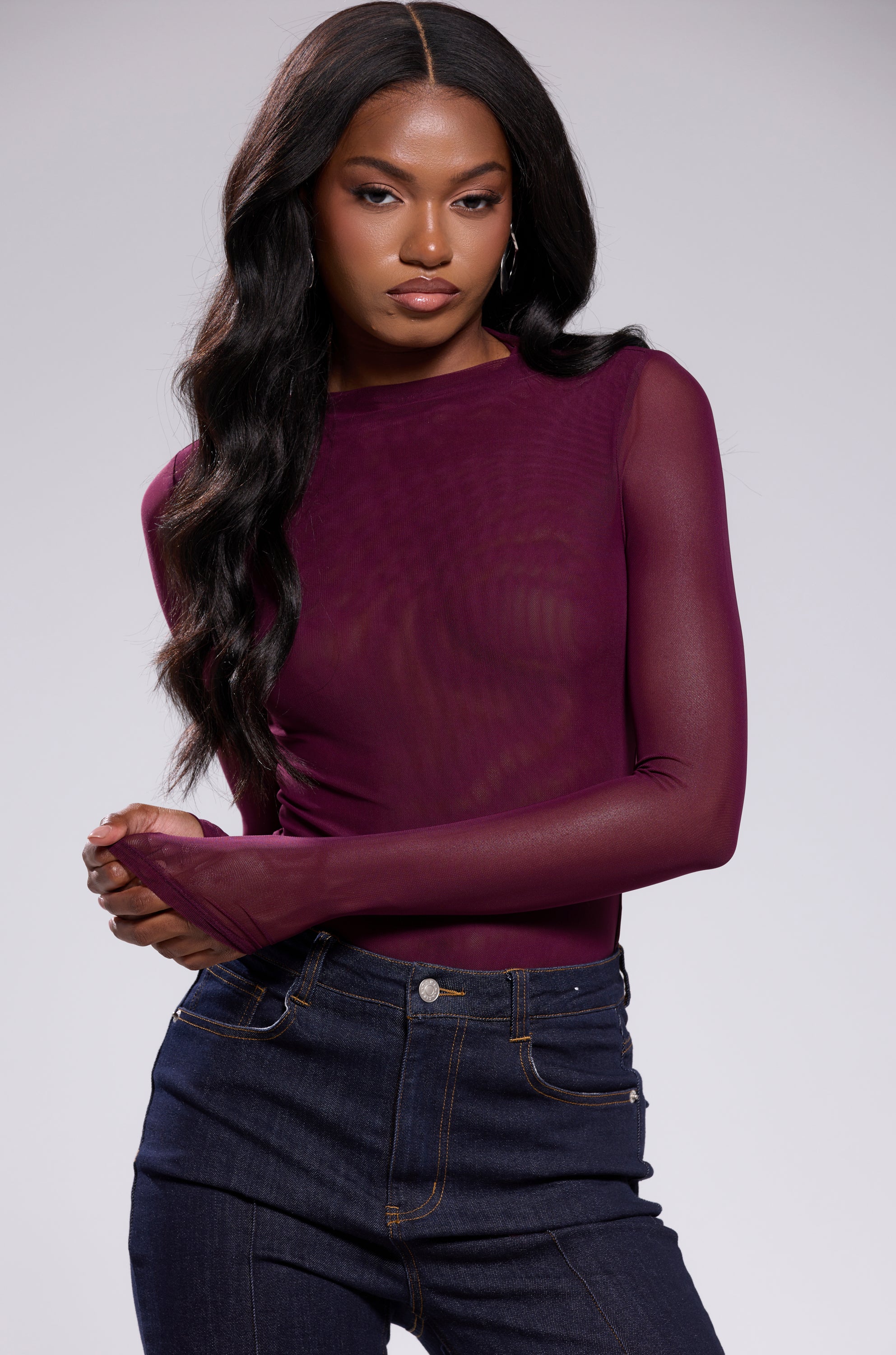 PAXTON SEXY MESH LONG SLEEVE BODYSUIT IN PLUM PURPLE - Image 2