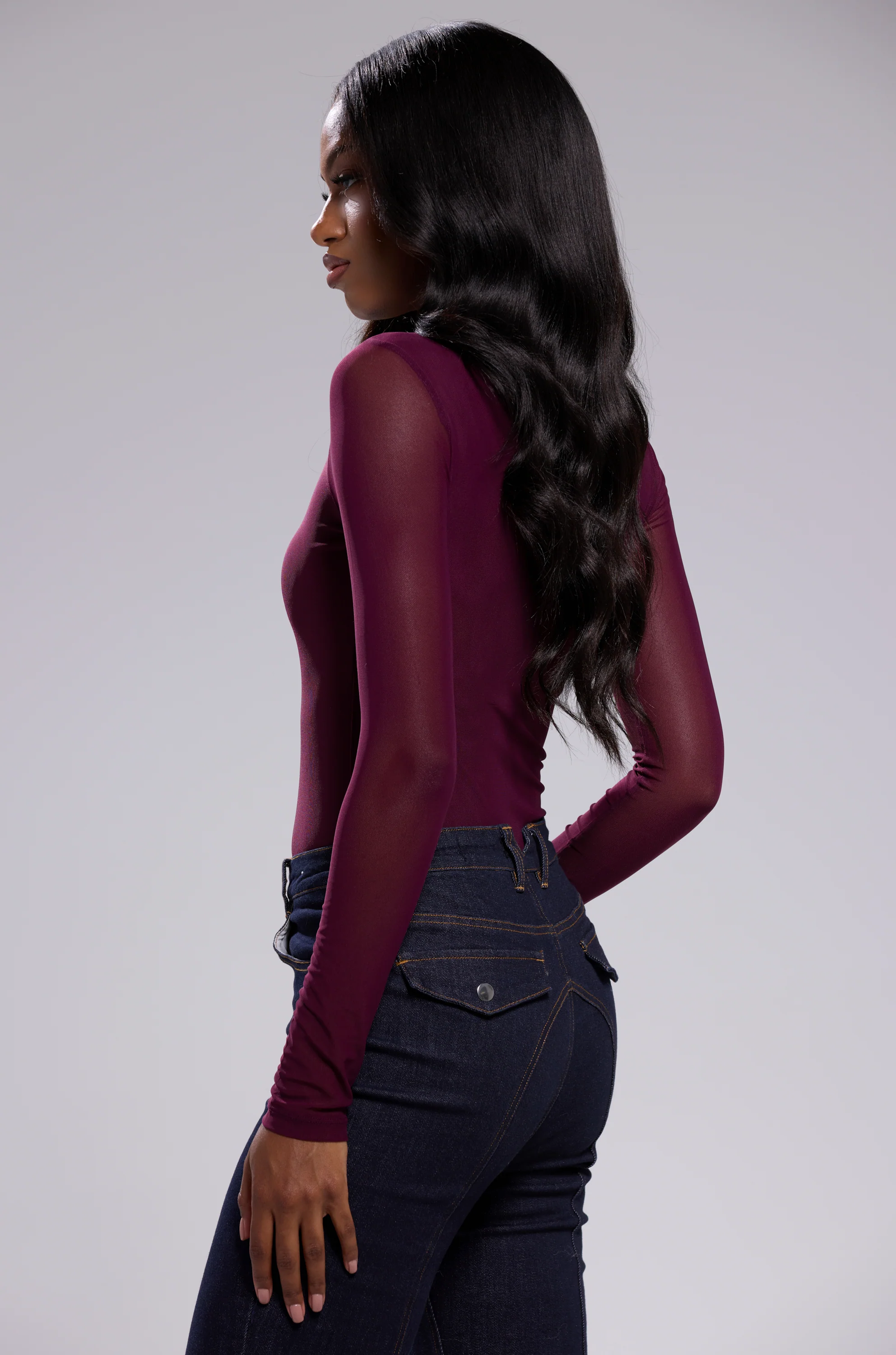 PAXTON SEXY MESH LONG SLEEVE BODYSUIT IN PLUM PURPLE - Image 4