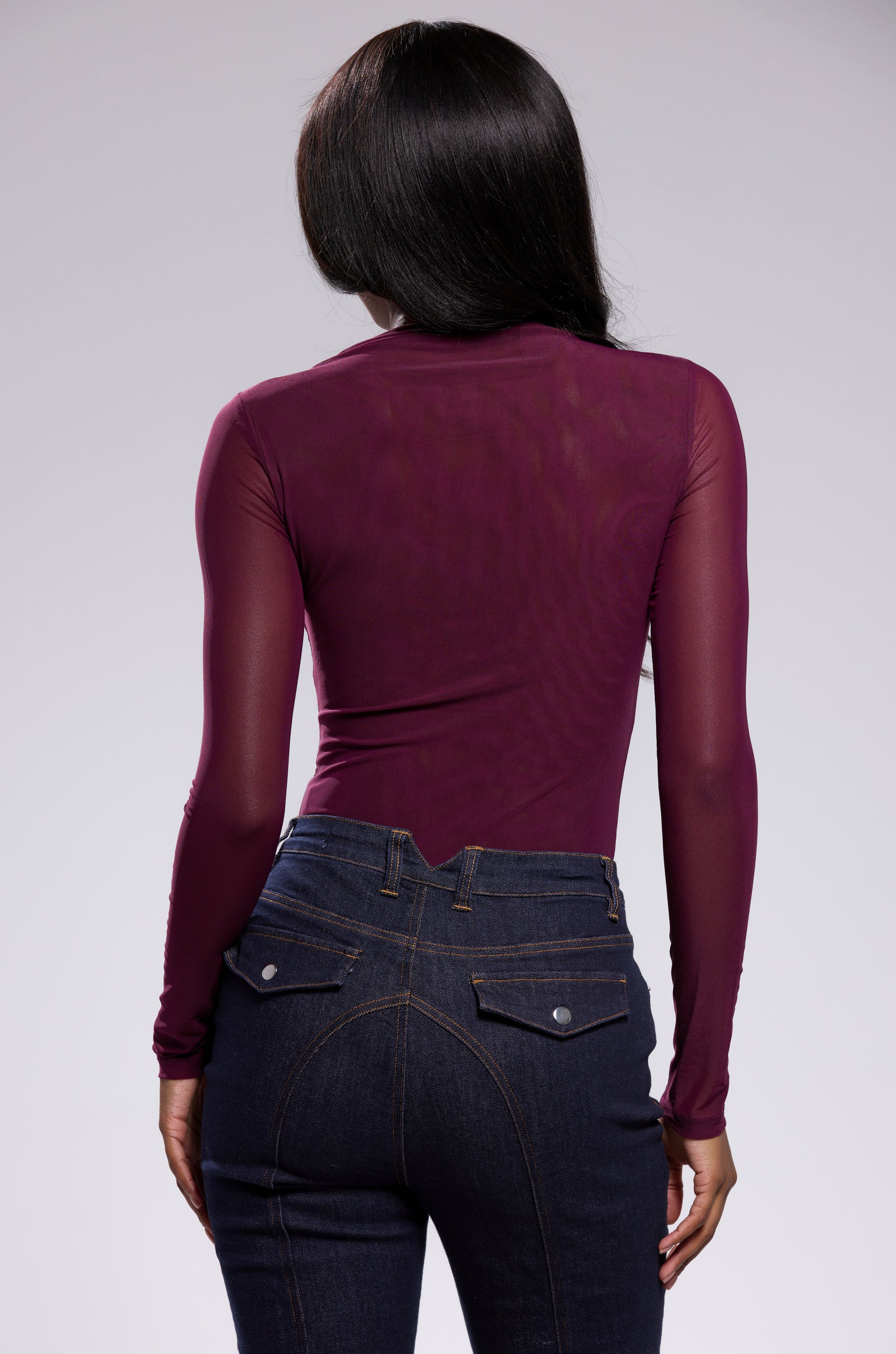 PAXTON SEXY MESH LONG SLEEVE BODYSUIT IN PLUM PURPLE - Image 5