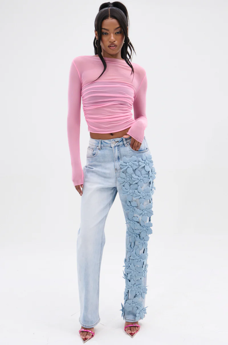 PAXTON SEXY RUCHED MESH LONG SLEEVE TOP - Image 7