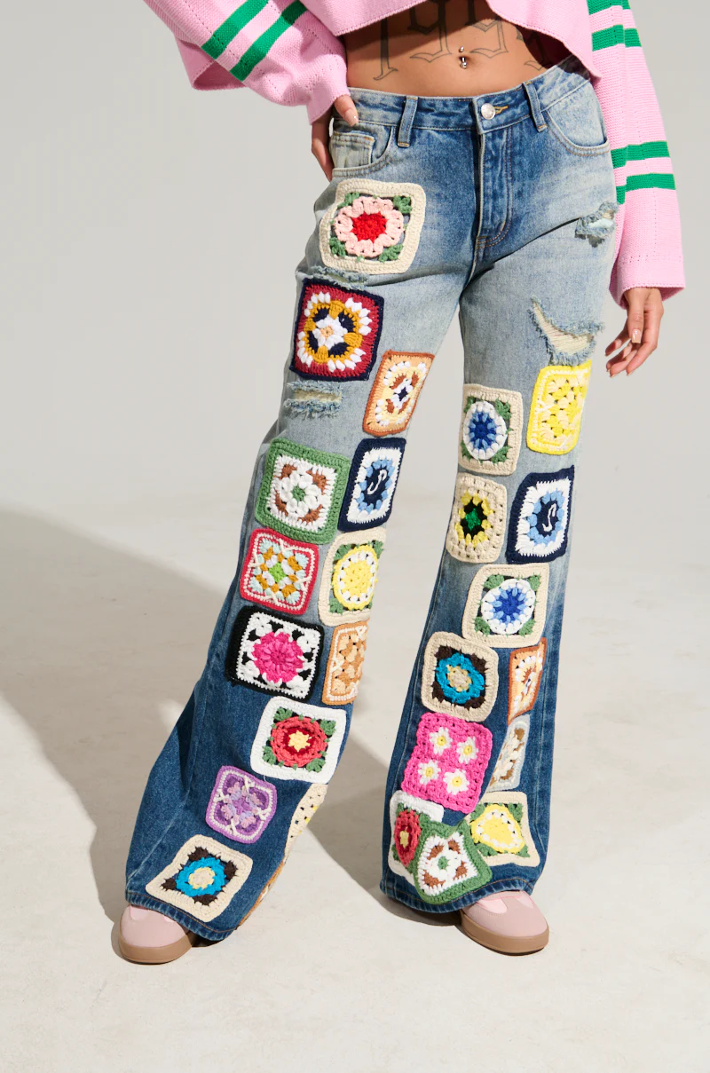PEACE & LOVE CROCHET EMBROIDERED MID RISE DENIM - Image 3