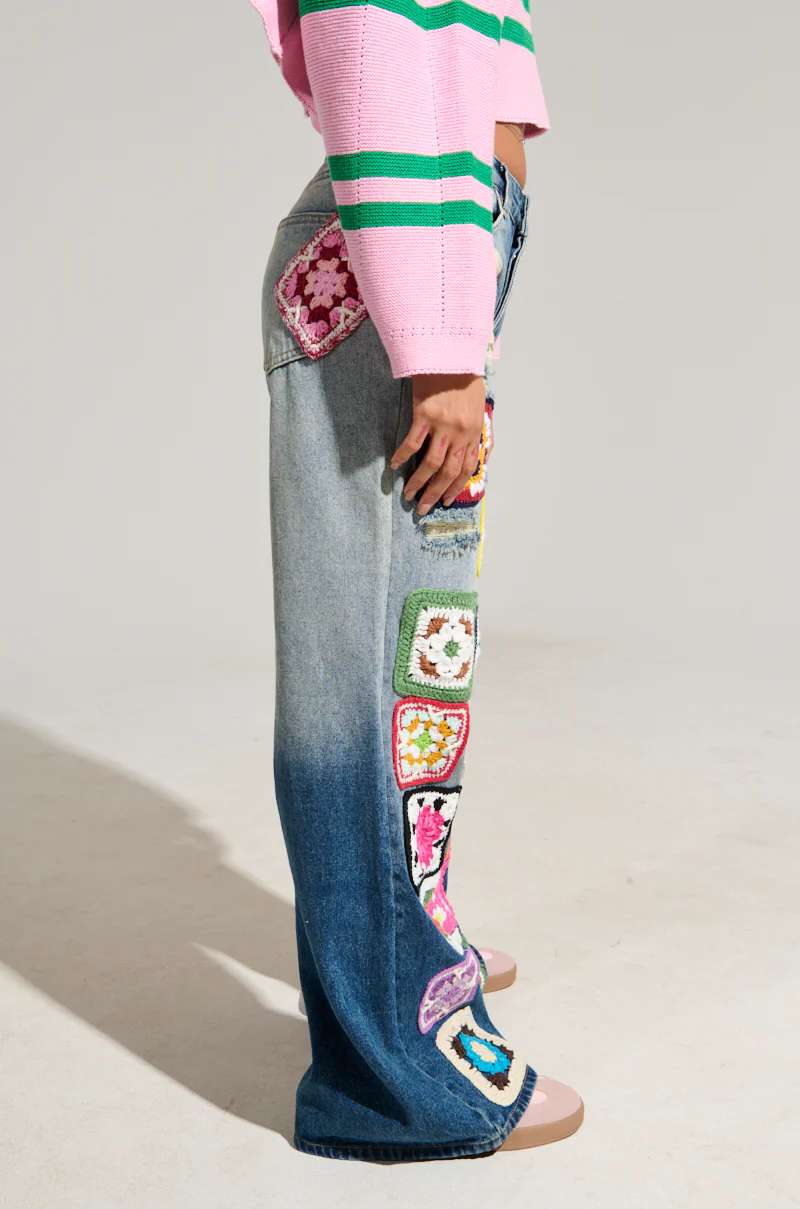 PEACE & LOVE CROCHET EMBROIDERED MID RISE DENIM - Image 4