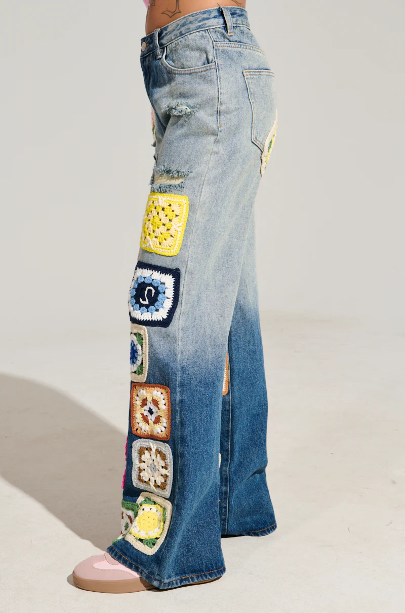 PEACE & LOVE CROCHET EMBROIDERED MID RISE DENIM - Image 5