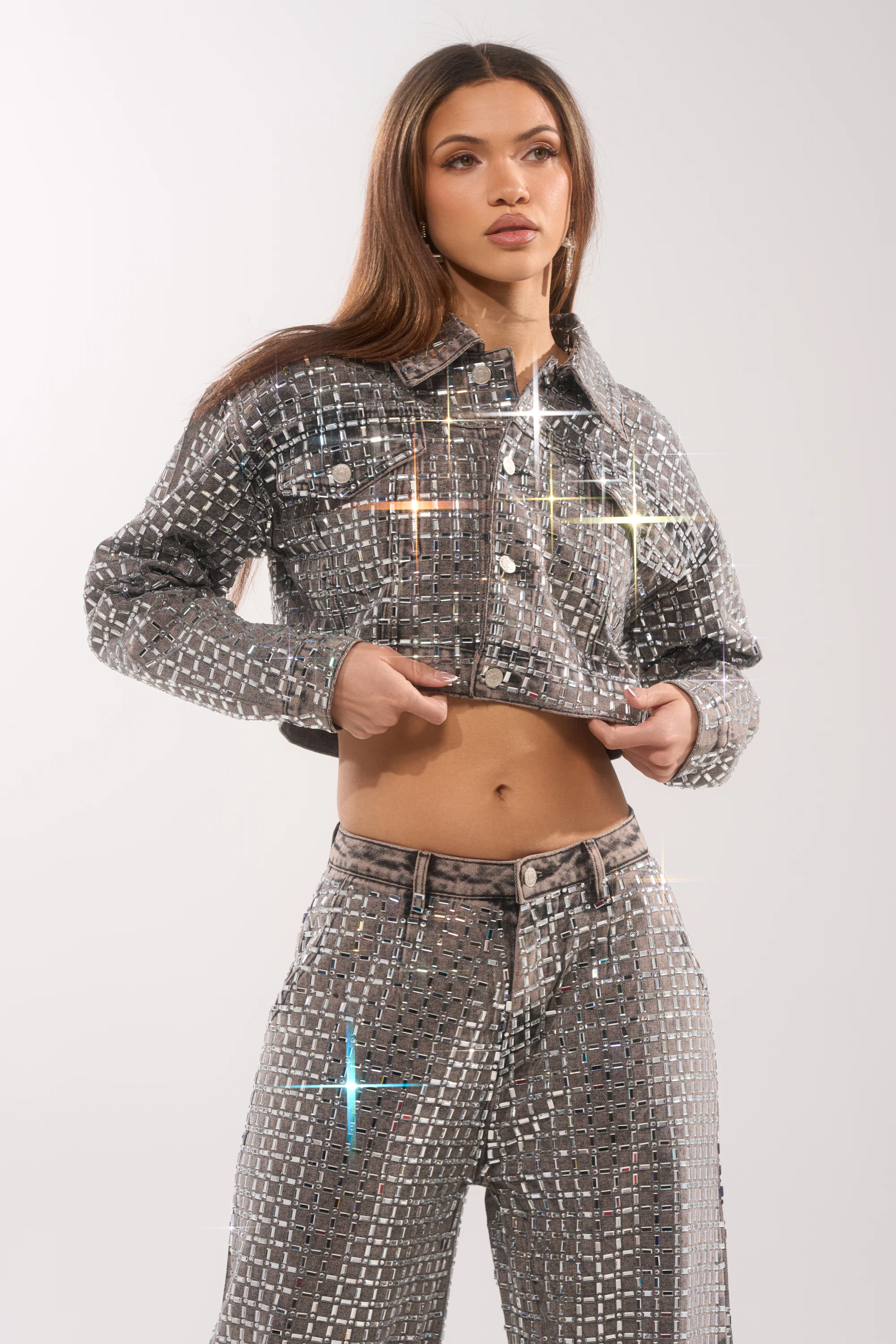 PICK N CHOOSE RHINESTONE DENIM JACKET IN GREY - Image 2