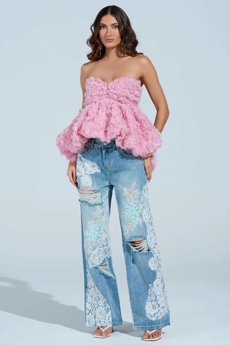 PICKING PETALS FLORAL AND LACE DETAIL DENIM PANTS - Image 10