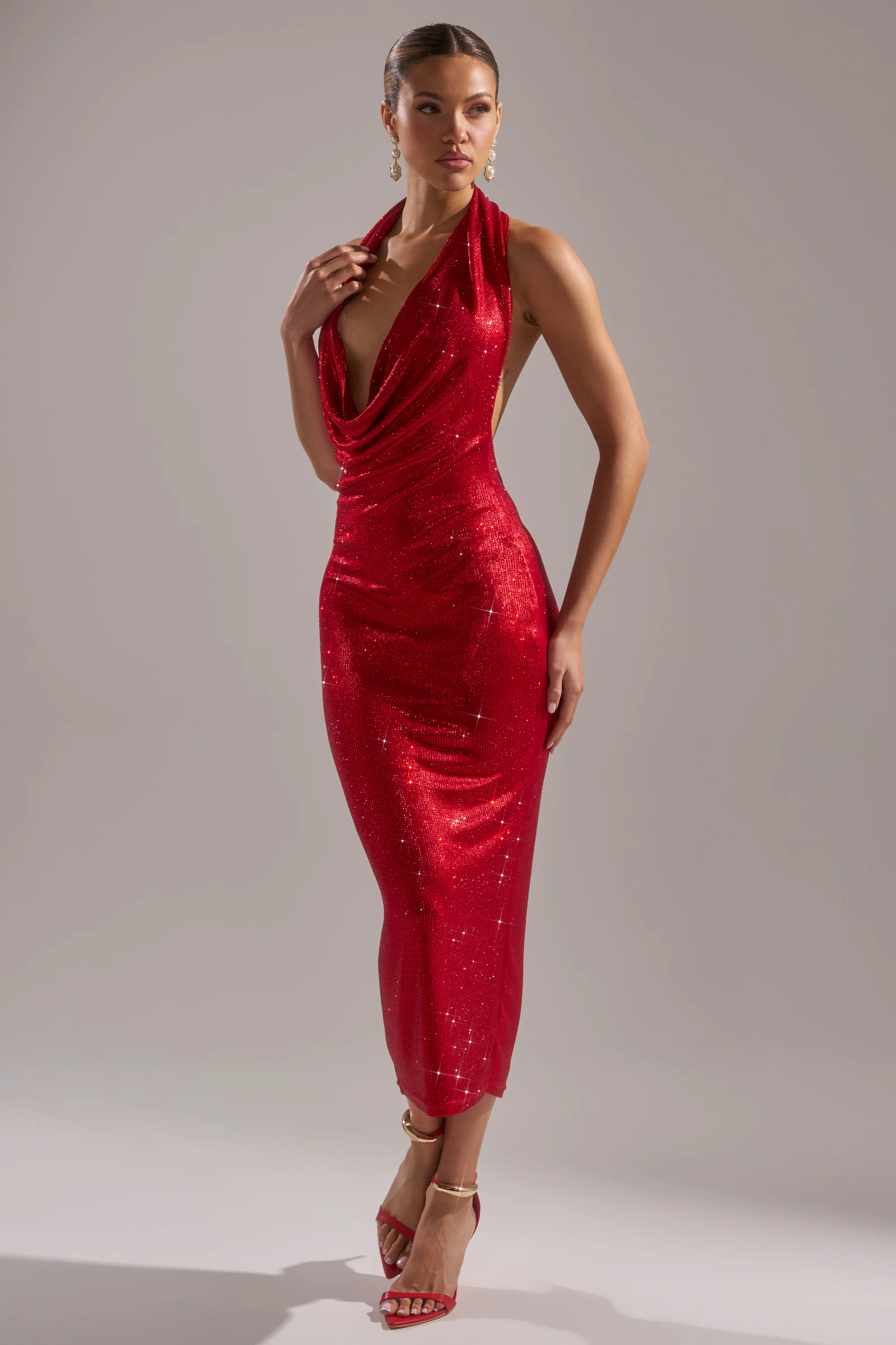 POPPIN' BOTTLES RHINESTONE MAXI DRESS IN RED - Image 3