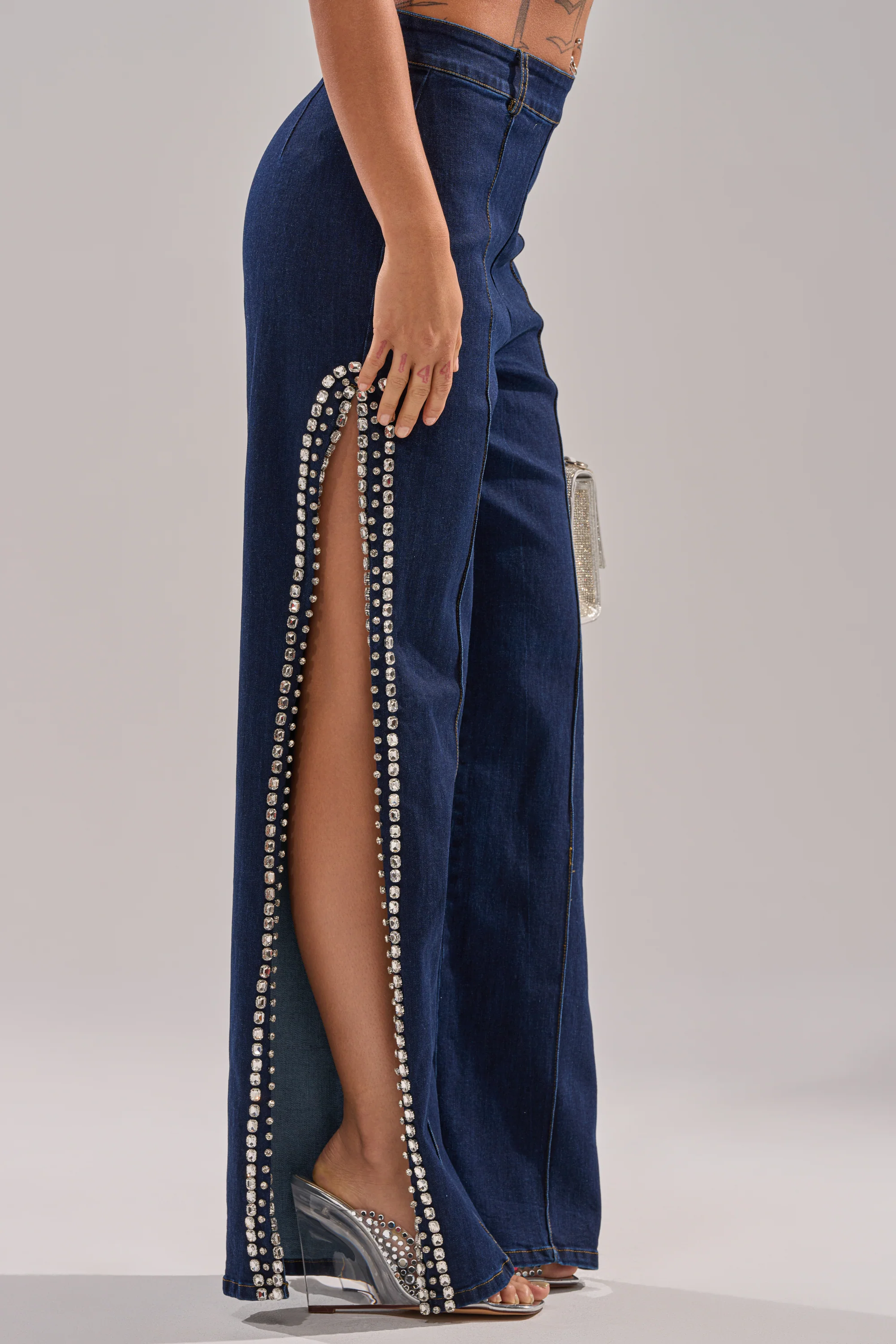 POPPIN OUT RHINESTONE DENIM PANT IN DARK WASH DENIM - Image 4