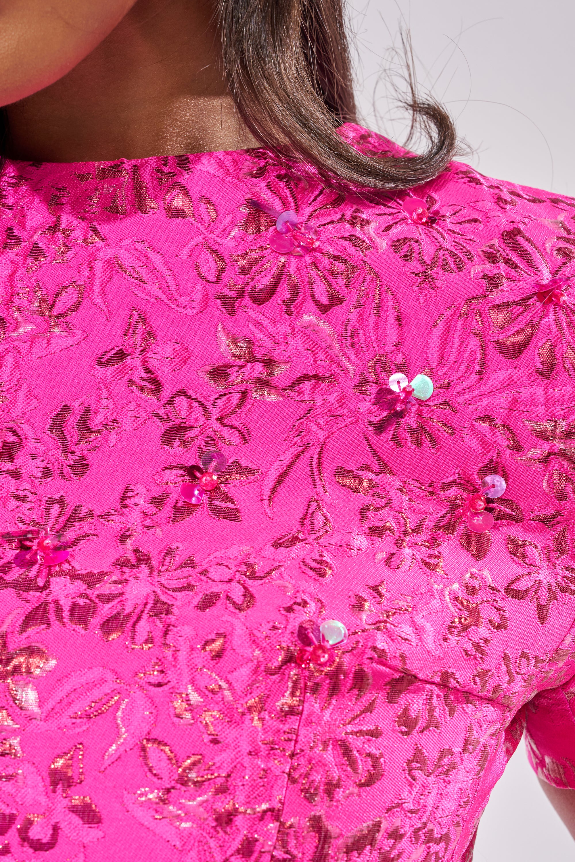 PRETTY IN PINK BROCADE BEADED MINI DRESS - Image 8