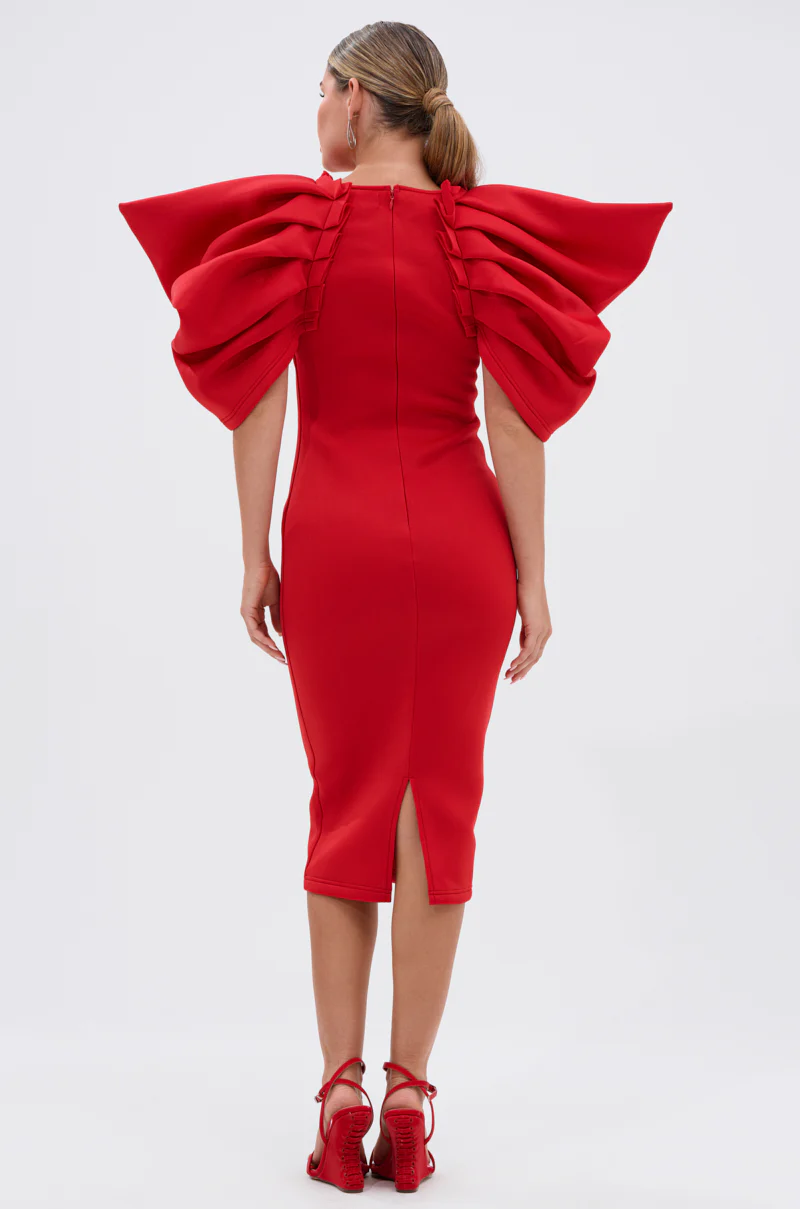 PURE JOY MIDI DRESS WITH DRAMATIC SLEEVE IN RED - Image 4