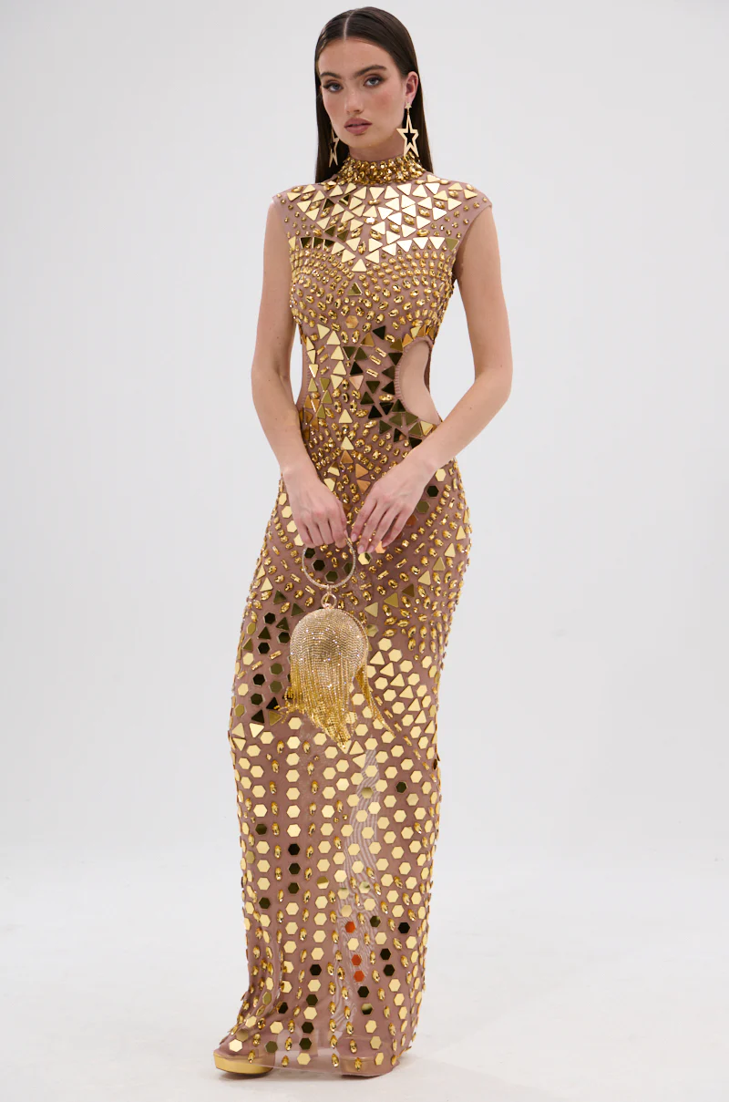QUEEN OF EVERYTHING MIRRORED MAXI DRESS IN GOLD - Image 6