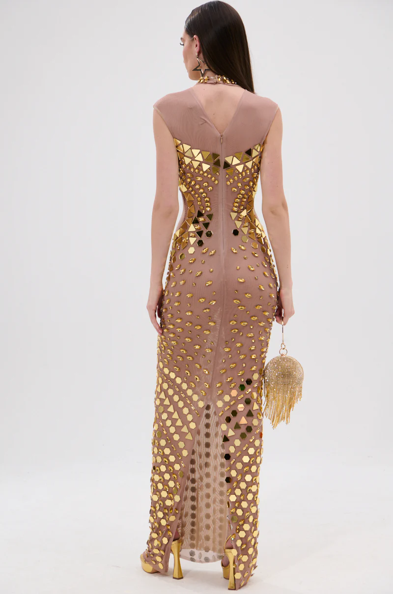 QUEEN OF EVERYTHING MIRRORED MAXI DRESS IN GOLD - Image 8