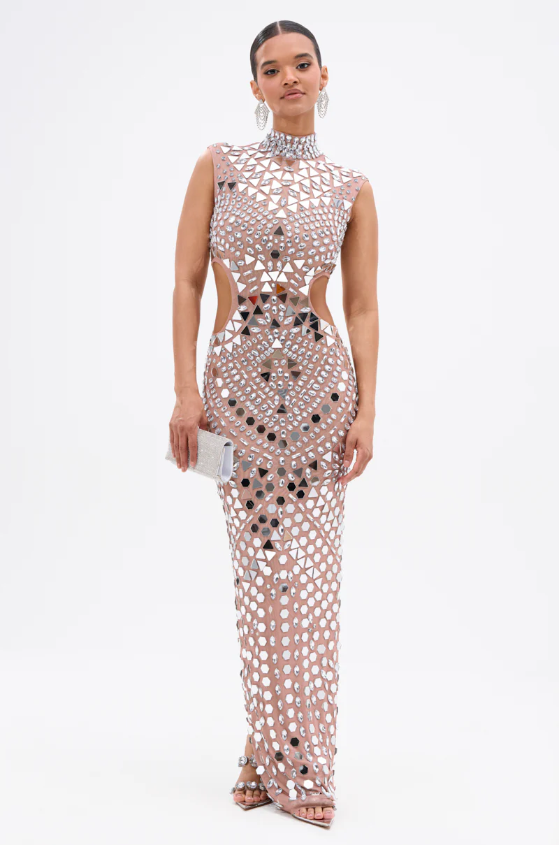 QUEEN OF EVERYTHING MIRRORED MAXI DRESS IN SILVER - Image 2