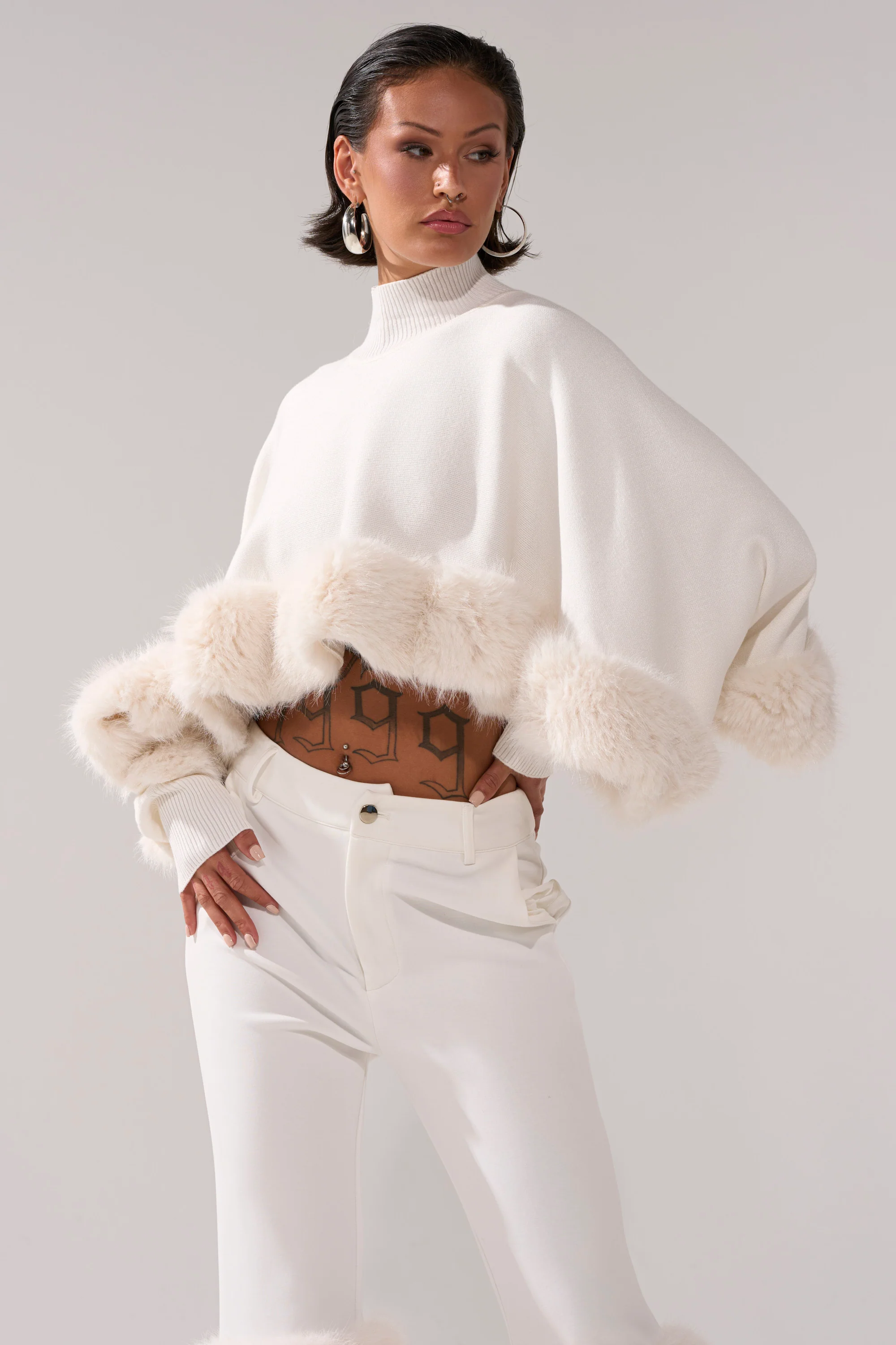 QUIET LUX FUR TRIM SWEATER IN WHITE
