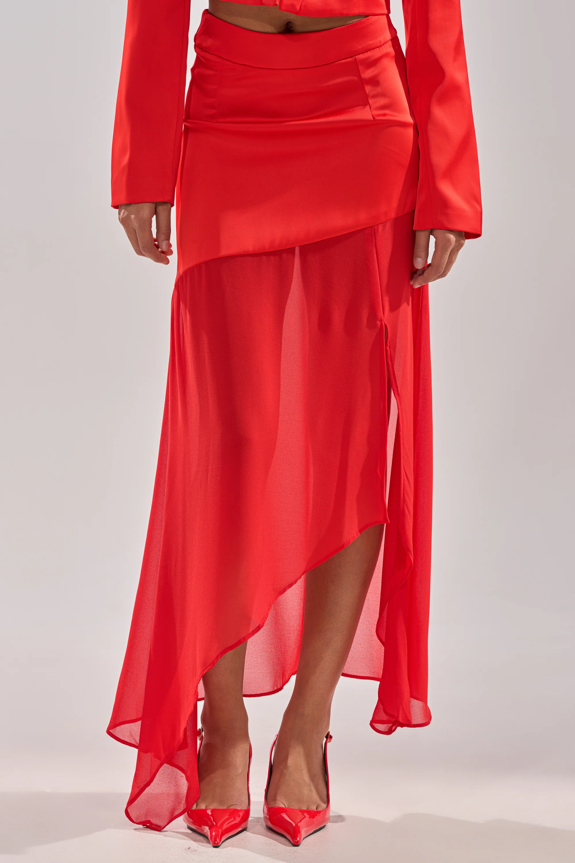 RED HOT ASYMMETRICAL MIDI SKIRT - Image 2
