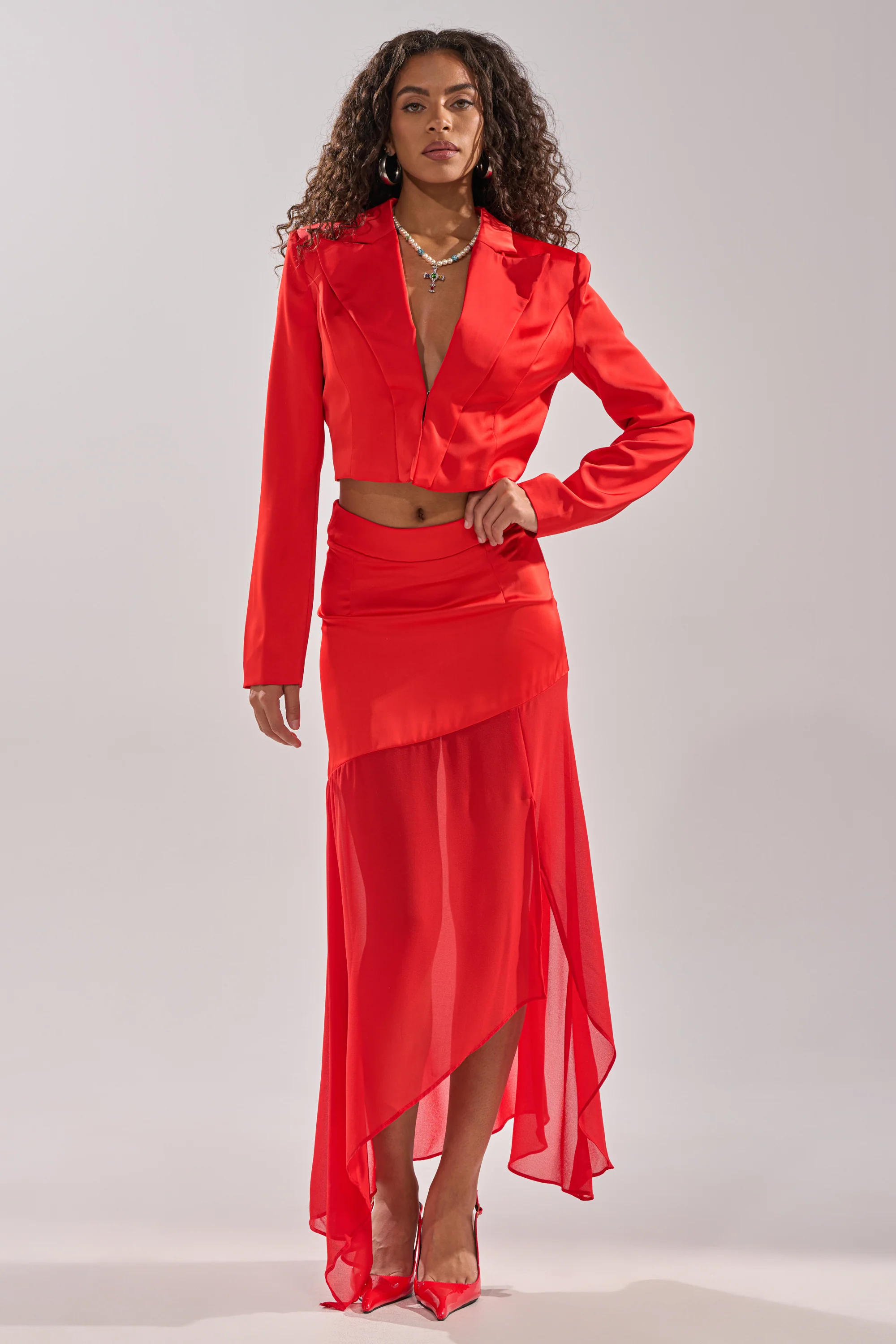 RED HOT CROPPED SATIN BLAZER - Image 10