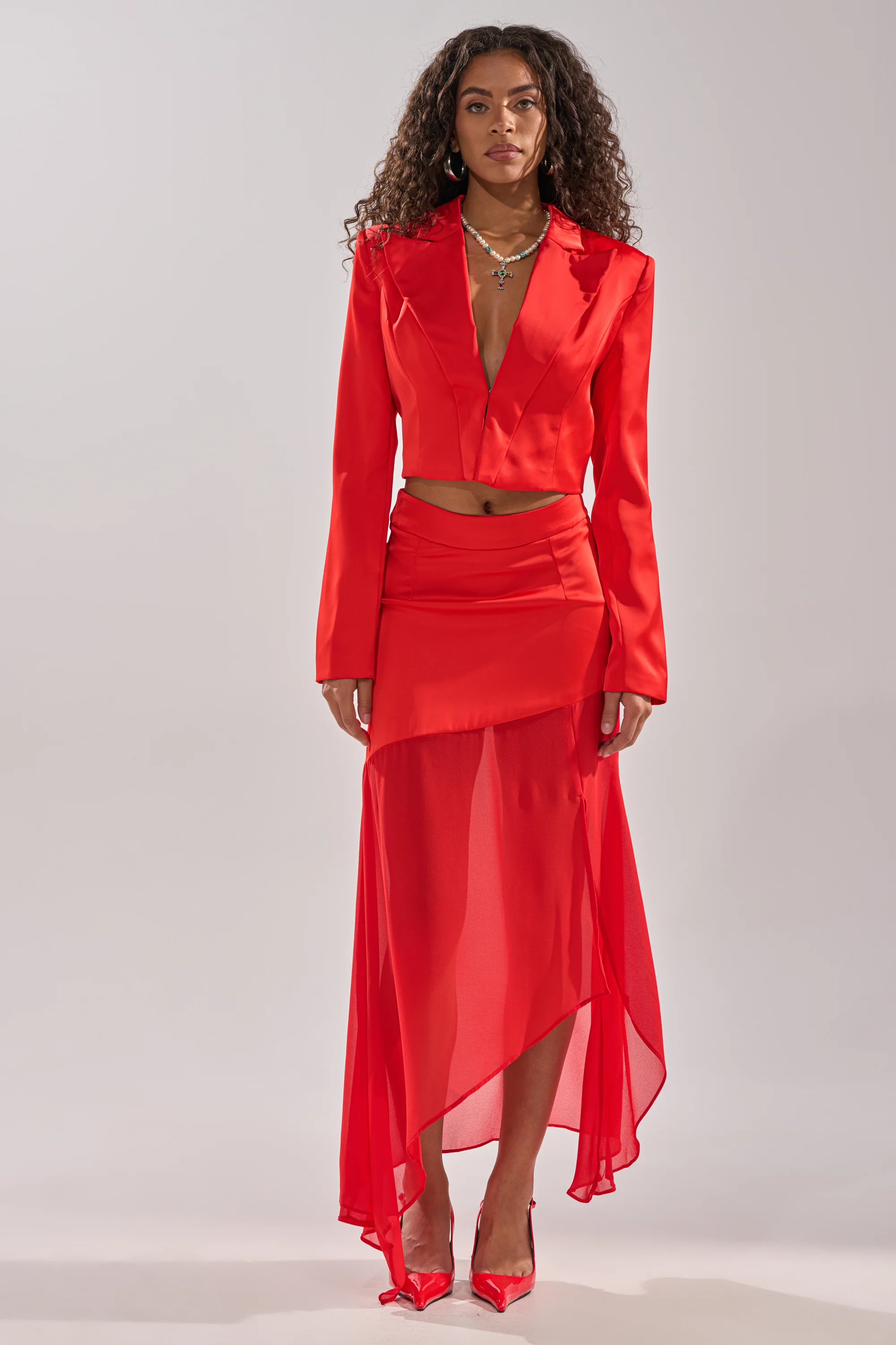 RED HOT CROPPED SATIN BLAZER - Image 9