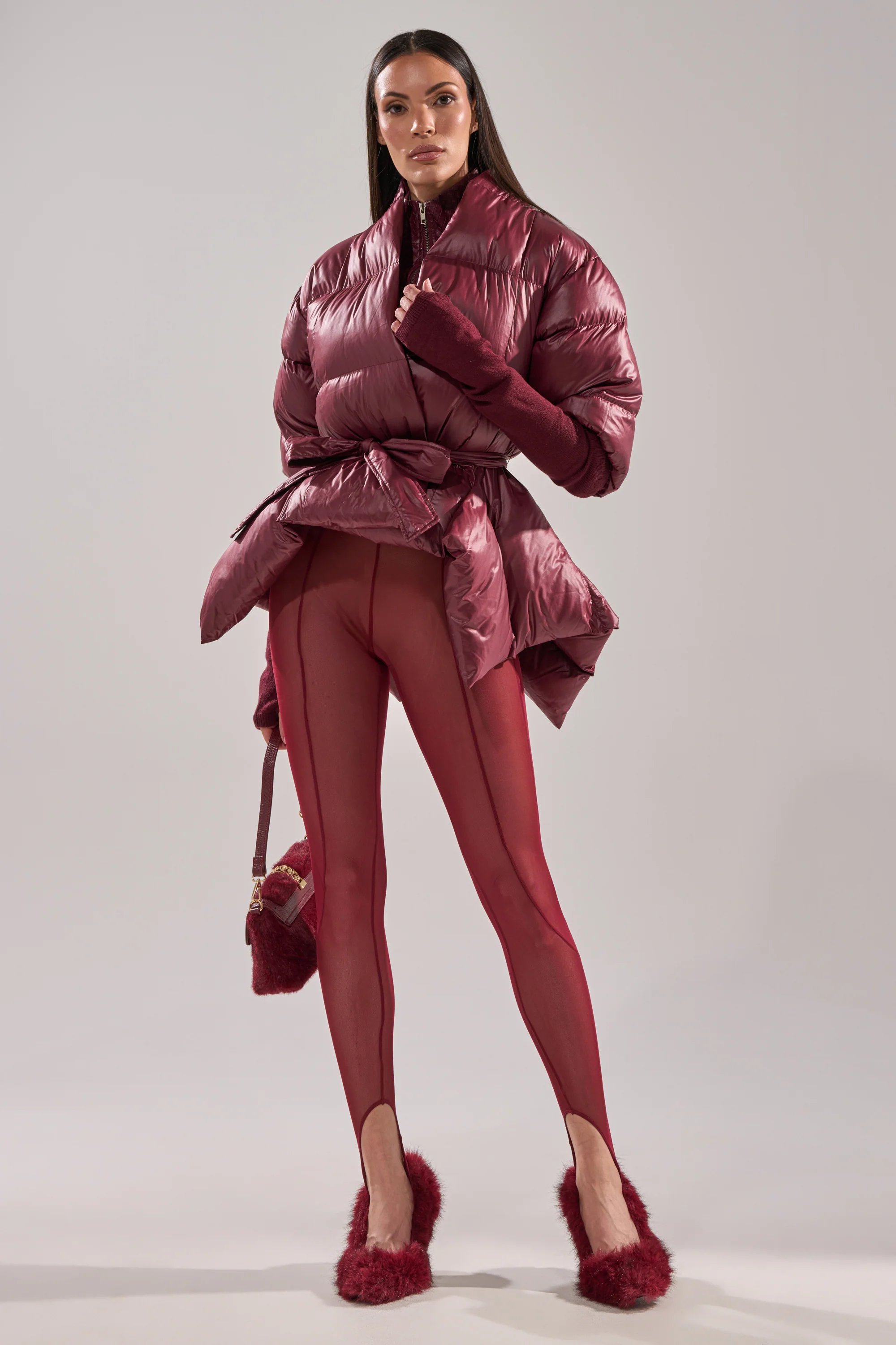 RIB SLEEVE PEPLUM PUFFER IN BURGUNDY - Image 7