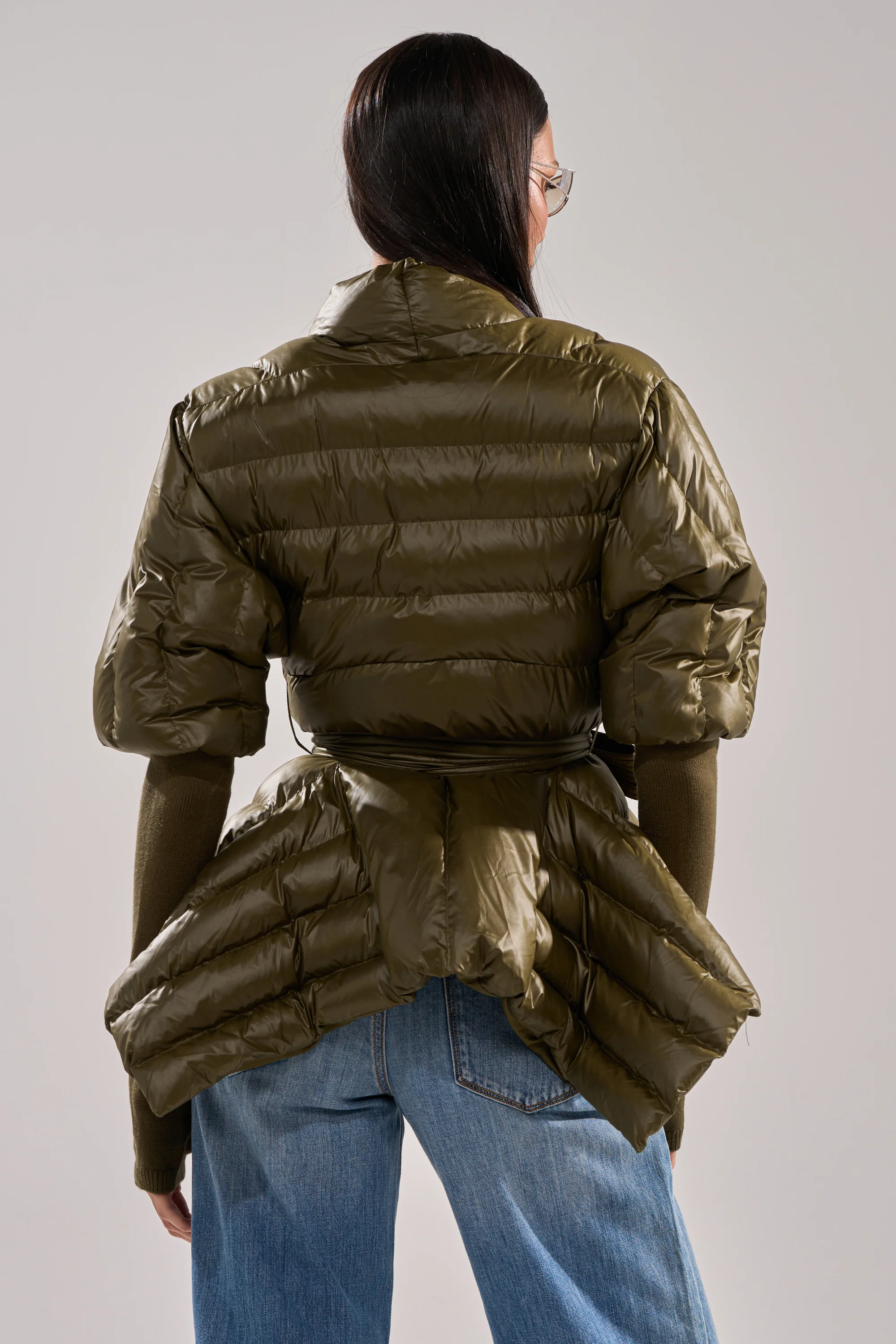 RIB SLEEVE PEPLUM PUFFER IN OLIVE - Image 6