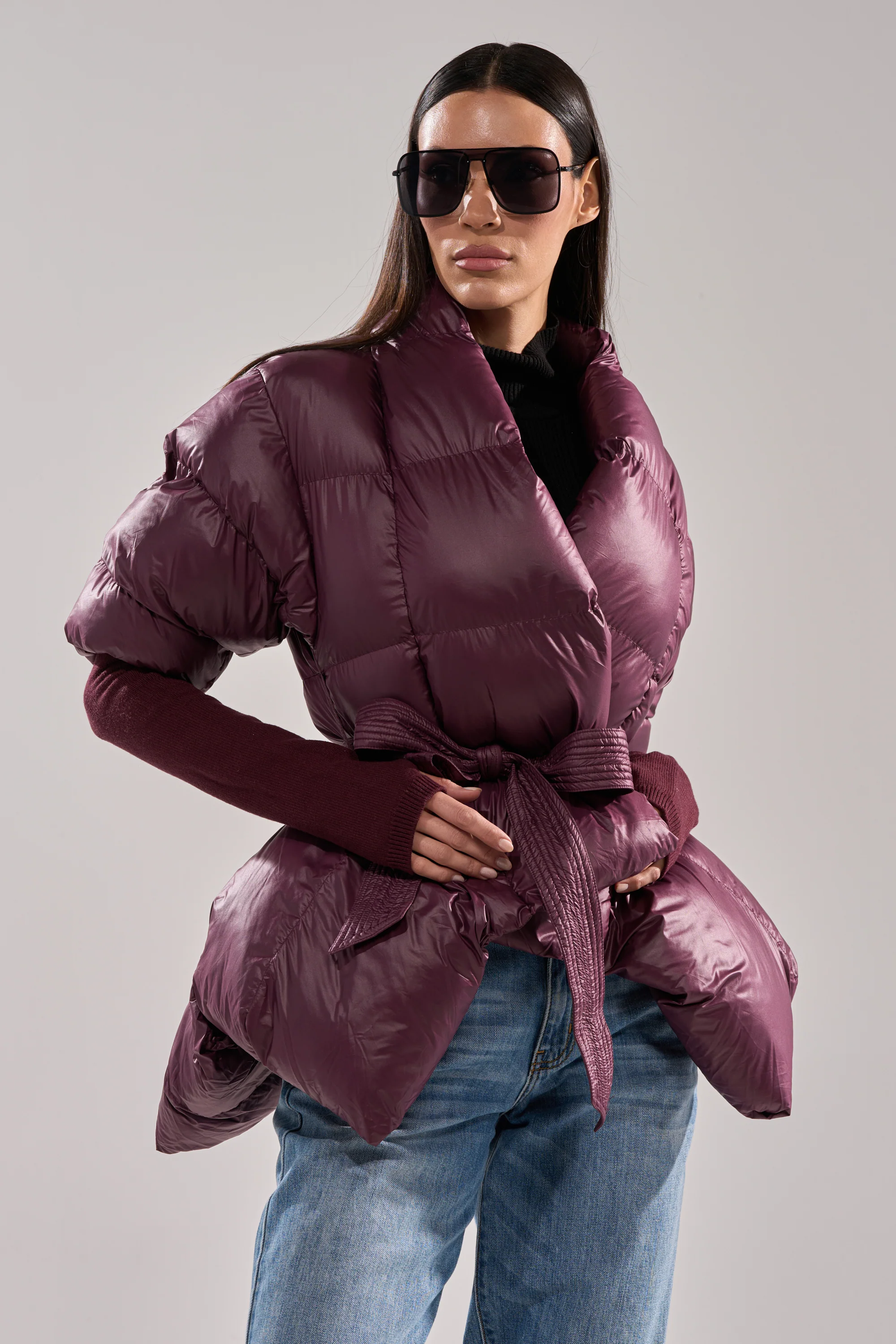 RIB SLEEVE PEPLUM PUFFER IN PURPLE - Image 2