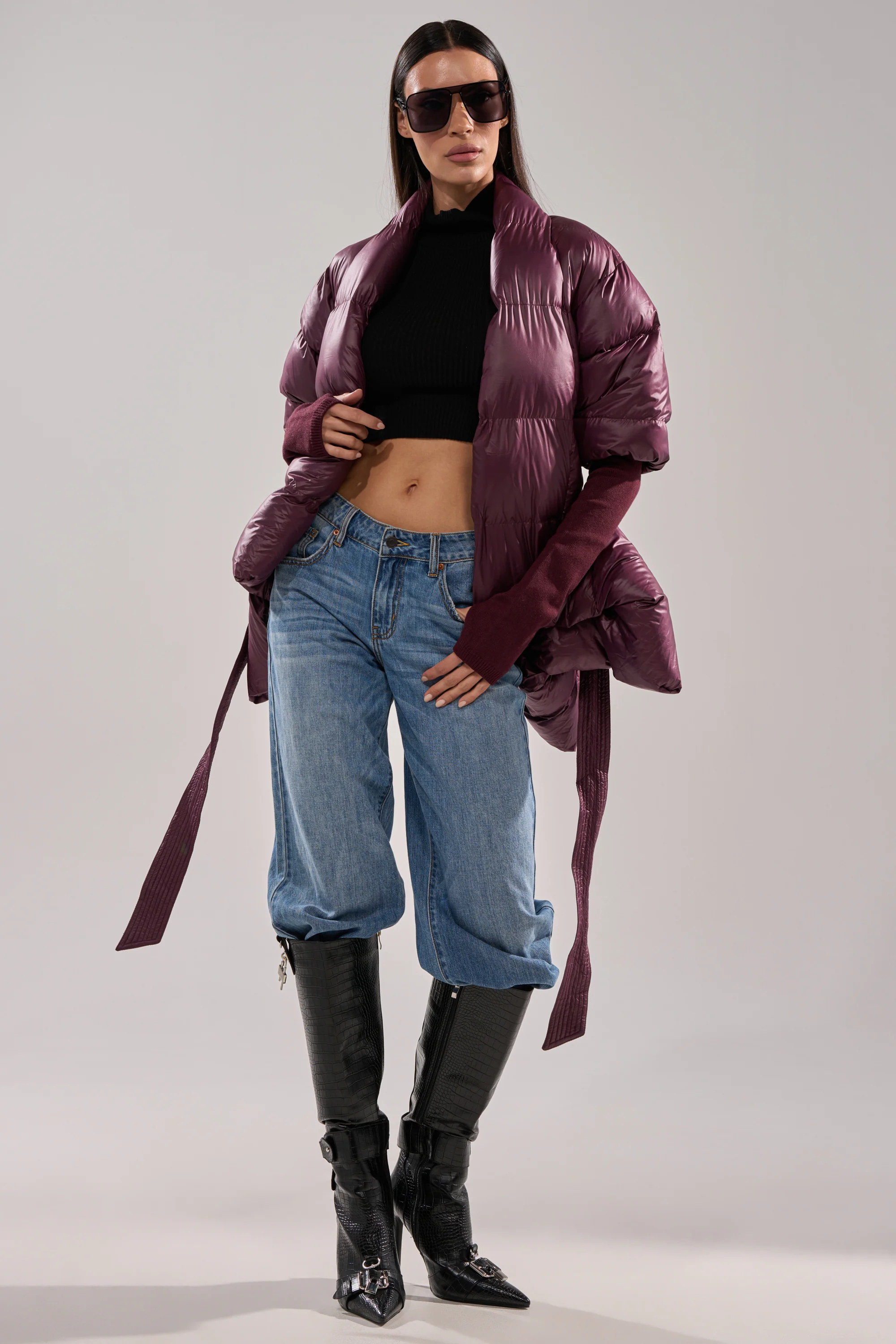 RIB SLEEVE PEPLUM PUFFER IN PURPLE - Image 7