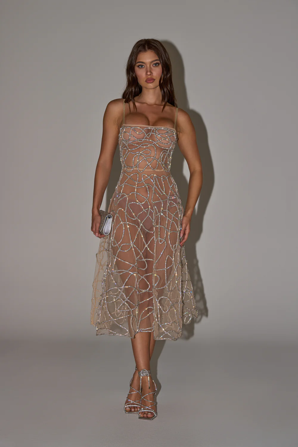 RIGHT THIS WAY RHINESTONE MIDI DRESS IN NUDE - Image 2
