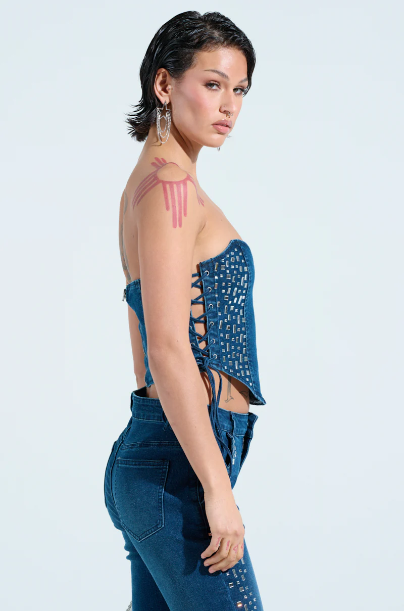 ROCKSTAR DENIM RHINESTONE CORSET TOP - Image 3