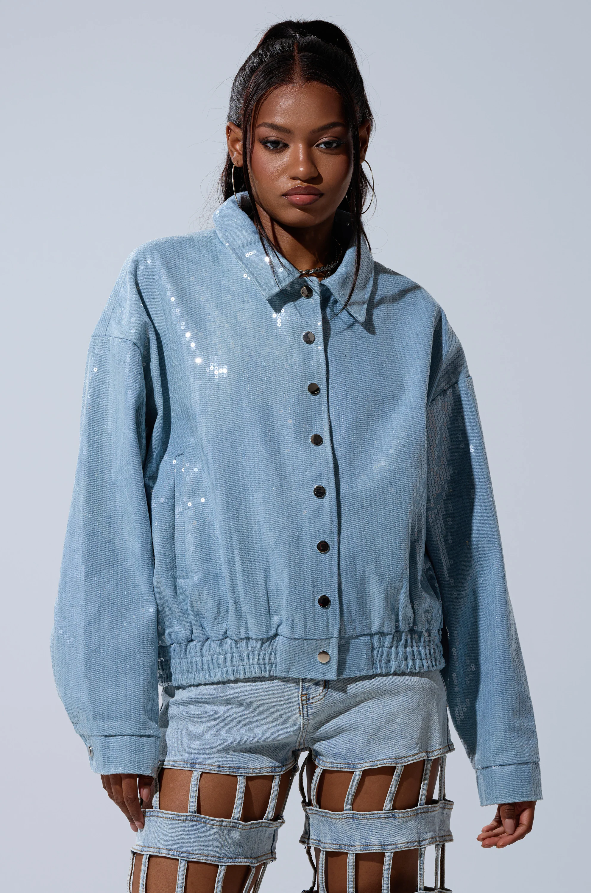 SEQUIN OVERLAY DENIM BOMBER - Image 4