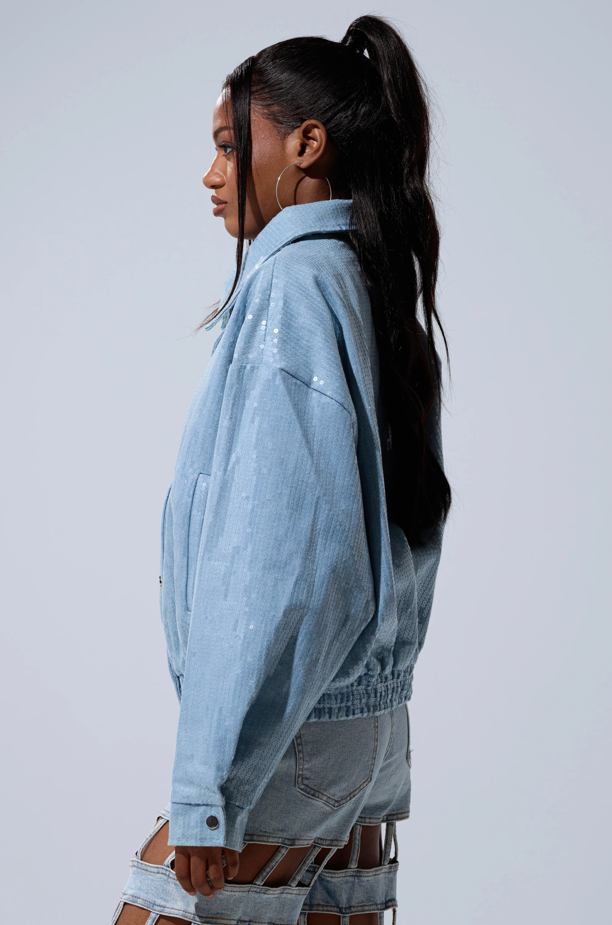 SEQUIN OVERLAY DENIM BOMBER - Image 5