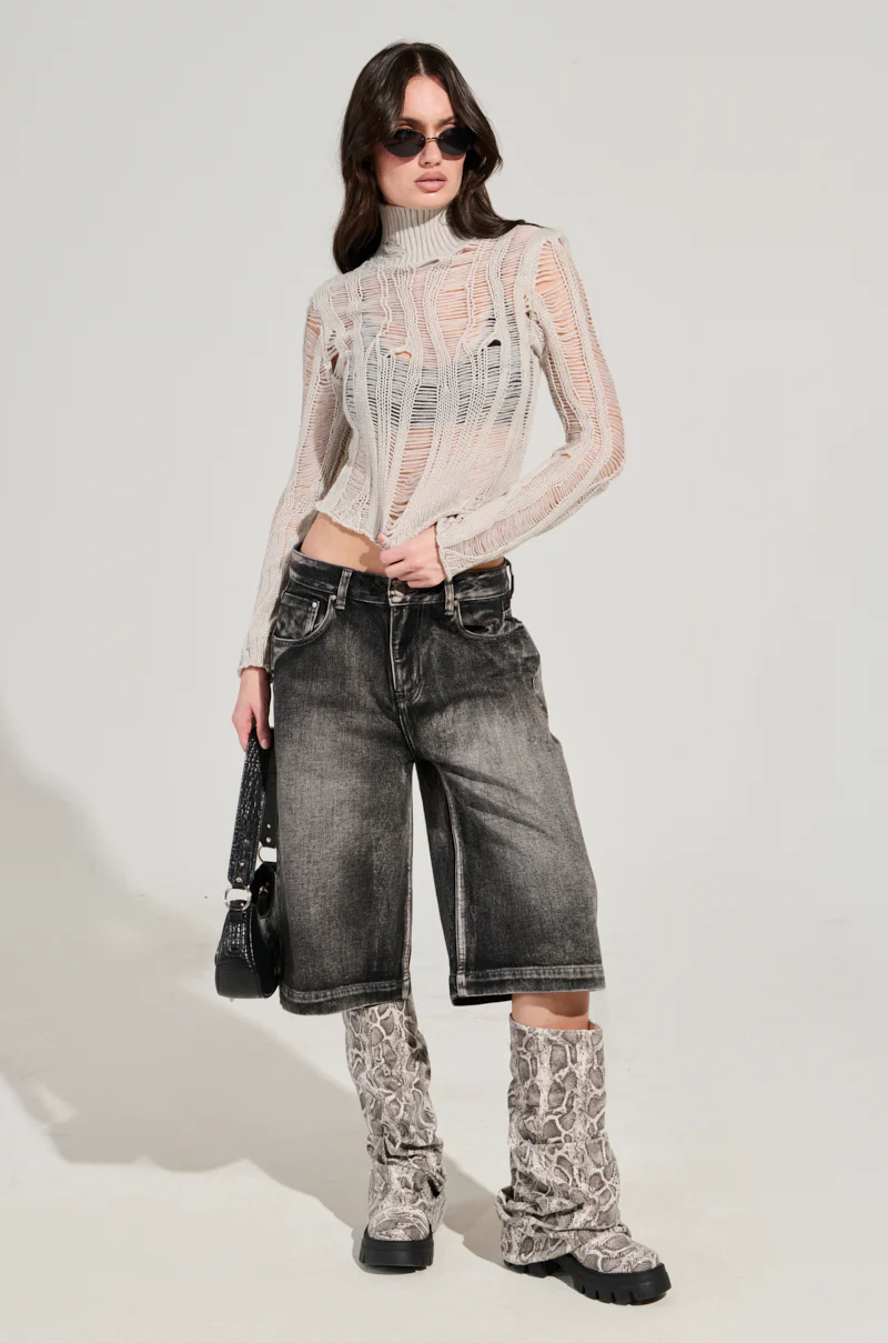 SEXY LOOSE WEAVE HIGH NECK SWEATER IN GREY - Image 2