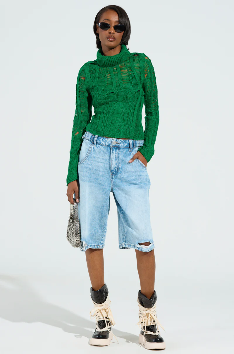 SEXY LOOSE WEAVE HIGH NECK SWEATER IN GREEN - Image 4