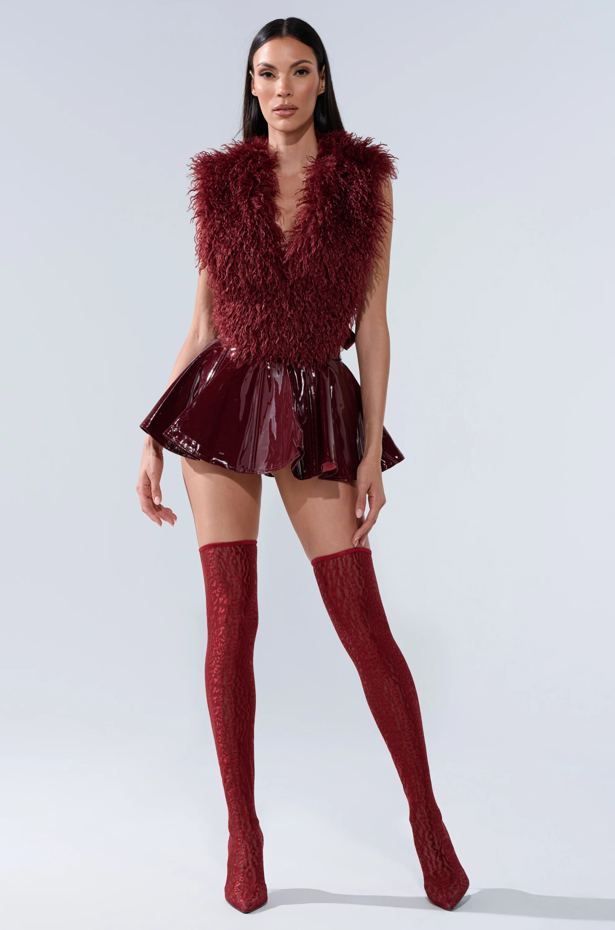 SHE IS ON FIRE FAUX LEATHER MINI SKIRT IN BURGUNDY - Image 8