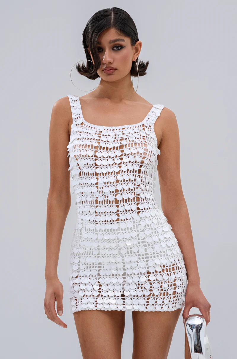 SHINE BRIGHT CROCHET SEQUIN MINI DRESS IN WHITE - Image 4