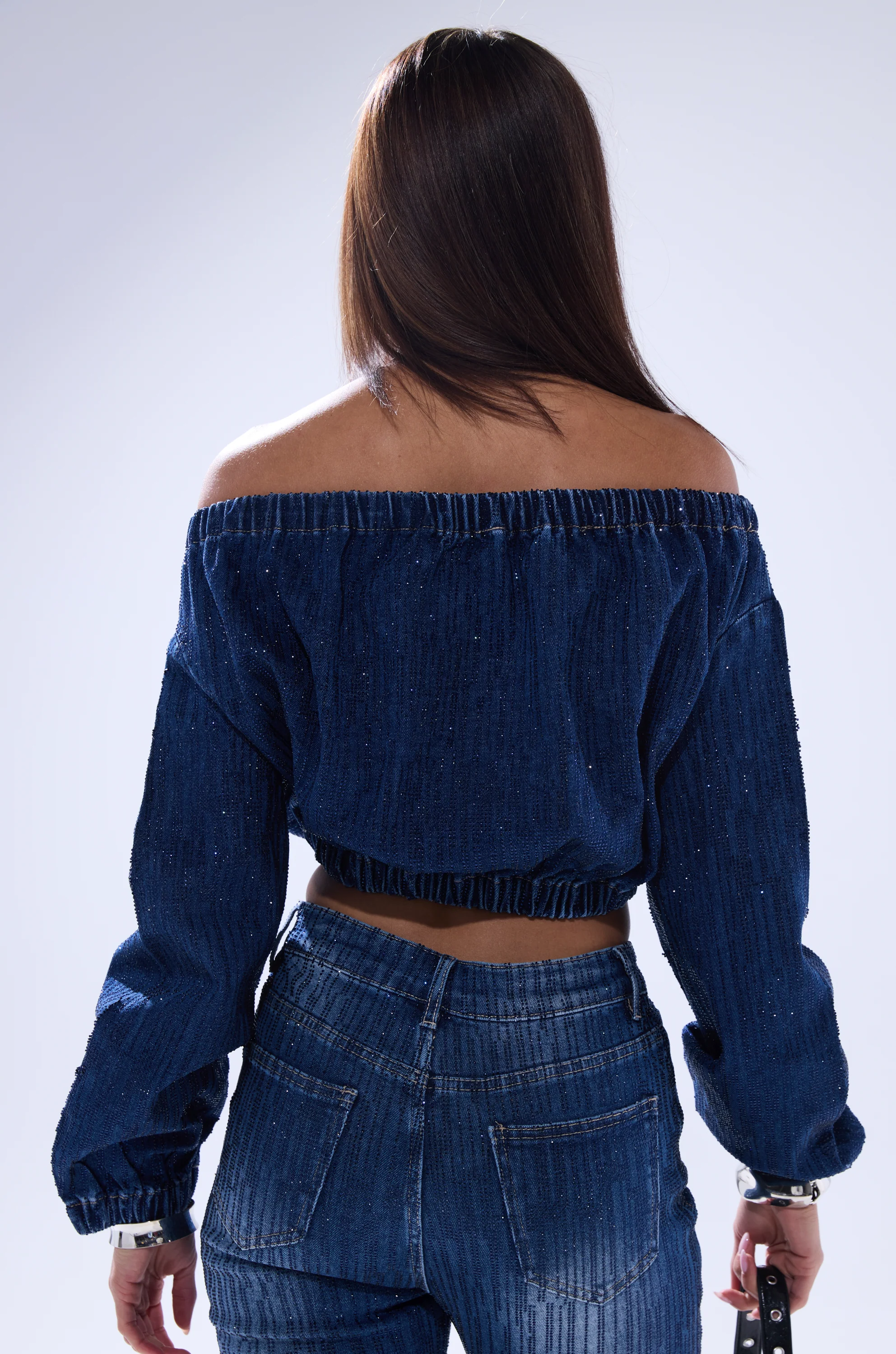 SHINING STAR OFF THE SHOULDER RHINESTONE DENIM SWEATSHIRT - Image 5