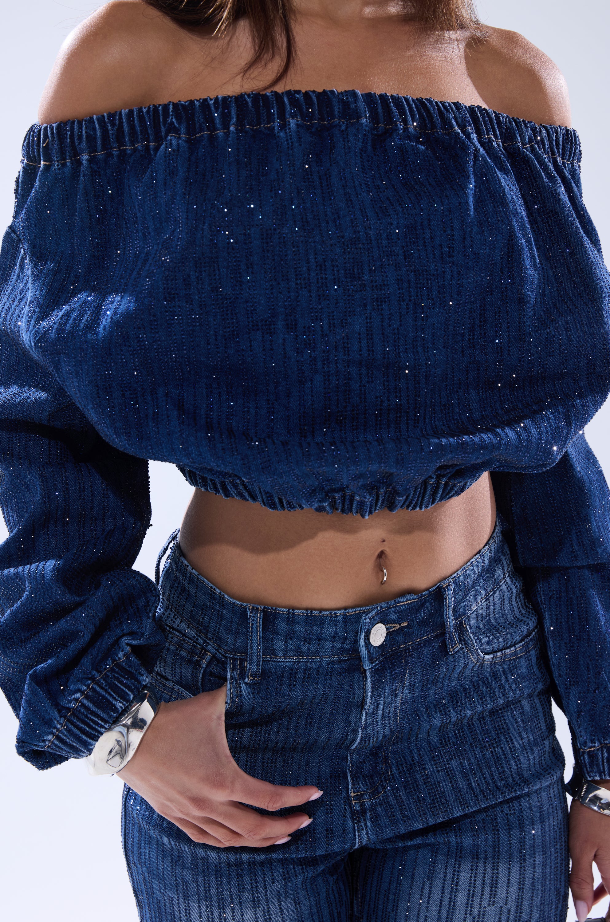 SHINING STAR OFF THE SHOULDER RHINESTONE DENIM SWEATSHIRT - Image 8