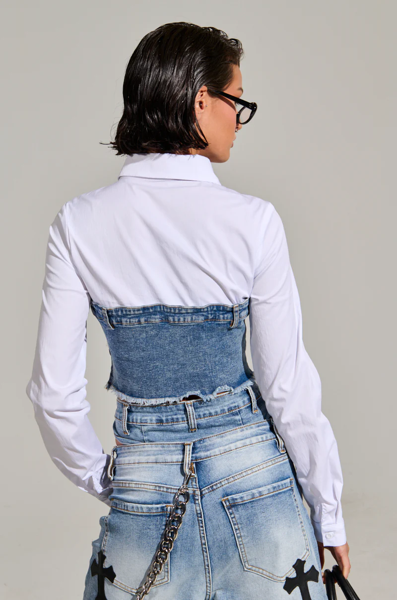 SITTING PRETTY POPLIN & DENIM LONG SLEEVE TOP - Image 5