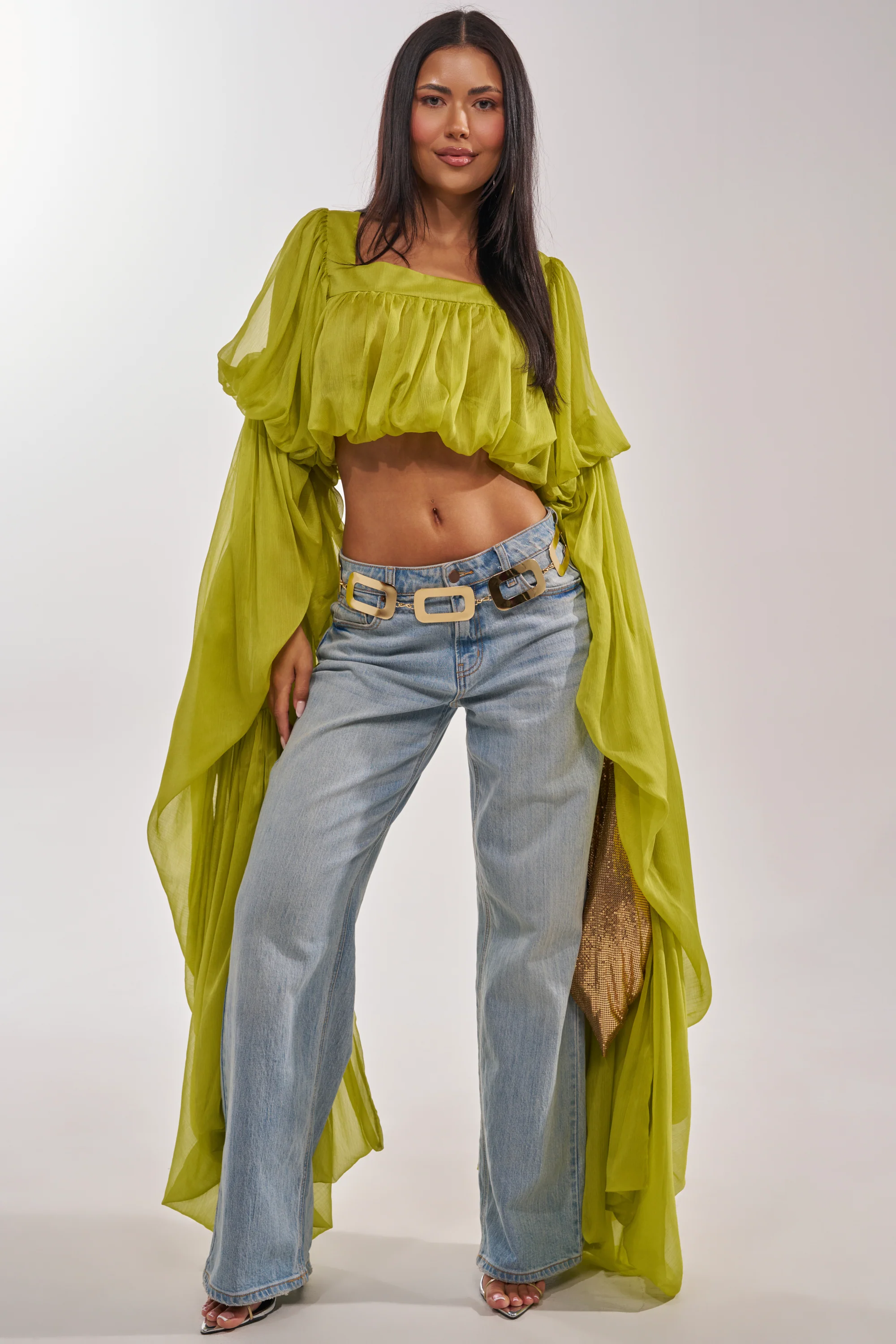 SLOUCHY SQUARE NECK LONG SLEEVE BLOUSE TOP IN CHARTREUSE - Image 4