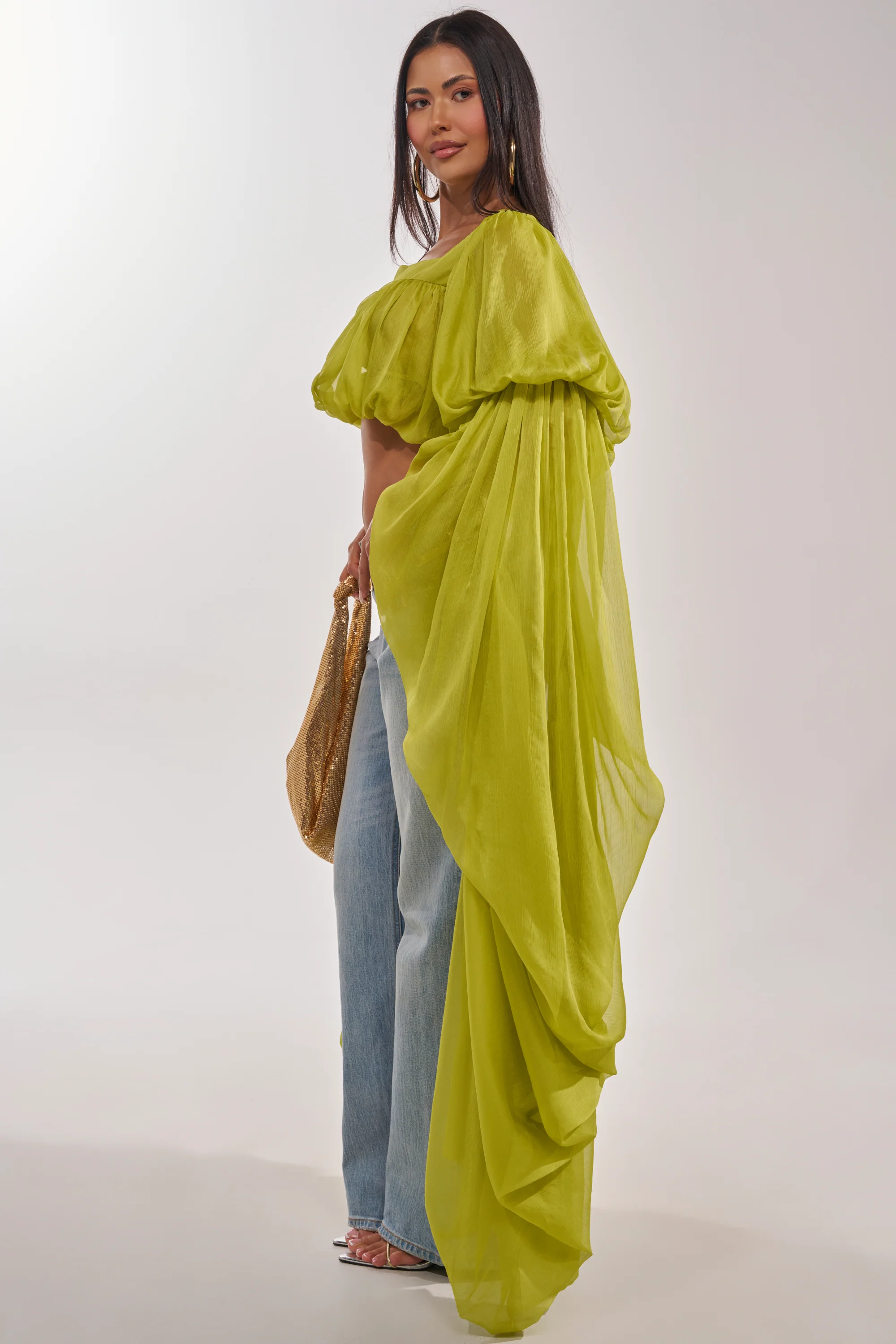 SLOUCHY SQUARE NECK LONG SLEEVE BLOUSE TOP IN CHARTREUSE - Image 5