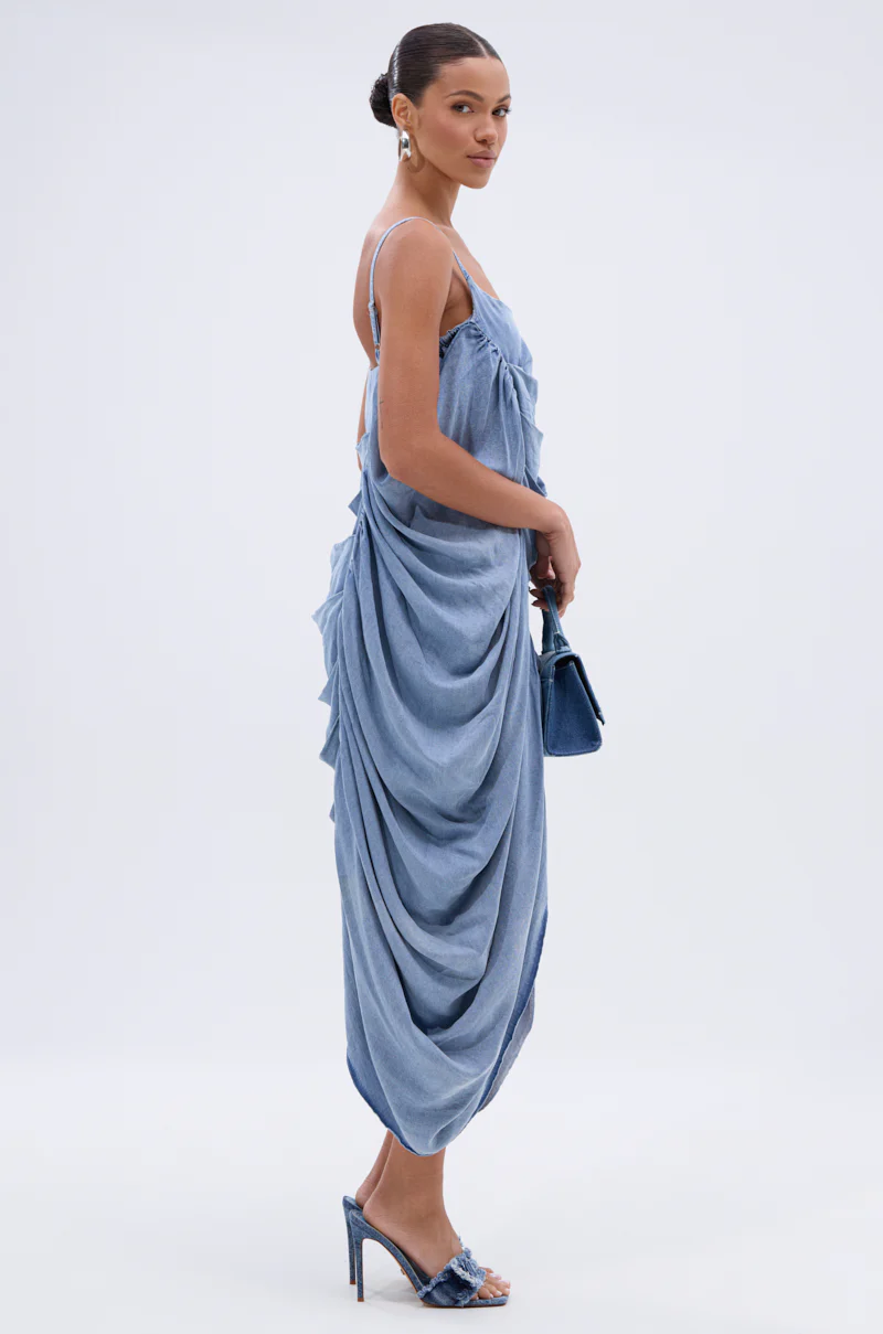 SMOOTH OPERATOR RUCHED MIDI DRESS IN DENIM - Image 3