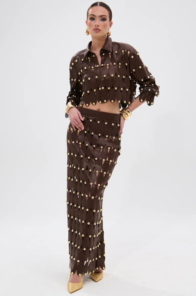 SNEAK PEEK STUDDED PU MIDI SKIRT IN BROWN - Image 8
