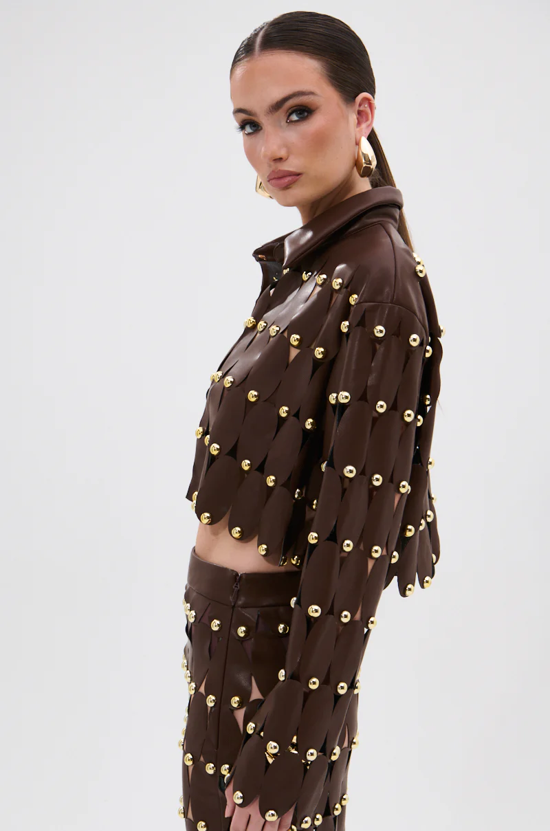 SNEAK PEEK STUDDED PU CROP CARDIGAN IN BROWN - Image 5